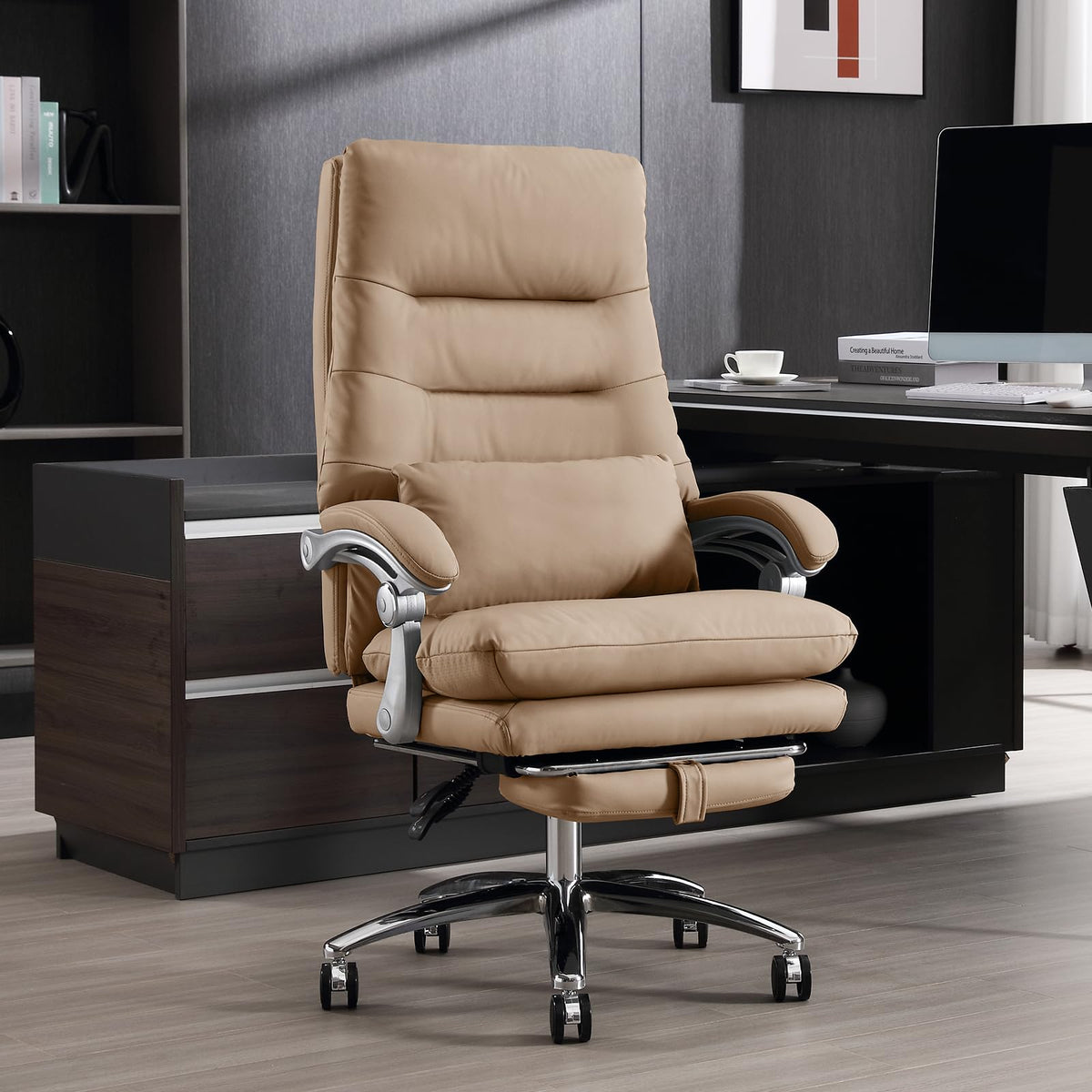 Bowthy Office Chair With Foot Rest - High Back Executive With Padded Linkage Armrests, Reclining Desk With Wheels, Comfy Double