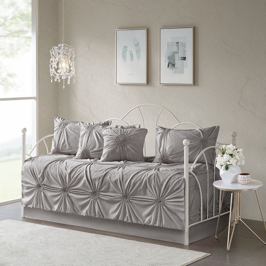 Madison Park Daybed Cover Set-Trendy Design All Season Luxury Bedding With Bedskirt, Matching Shams, Decorative Pillow, Medallion Tufted Dark Grey 75'X39' 6 Piece