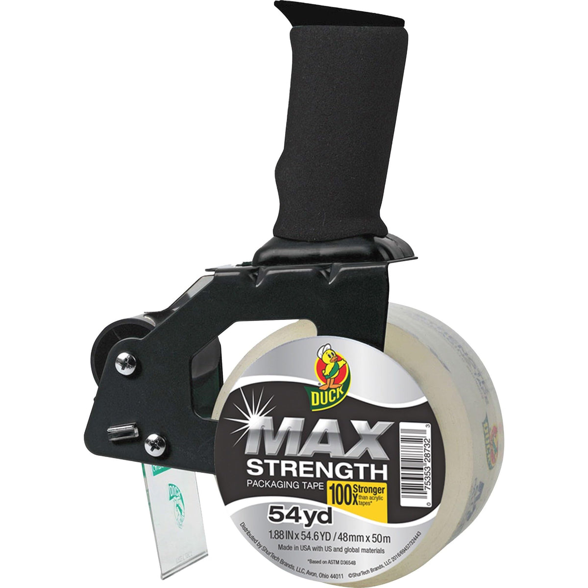 Foam Handle Tape Dispenser With Duck Max Strength Packing Tape, 1.88 Inch X 54.6 Yard, Clear (284984), Black