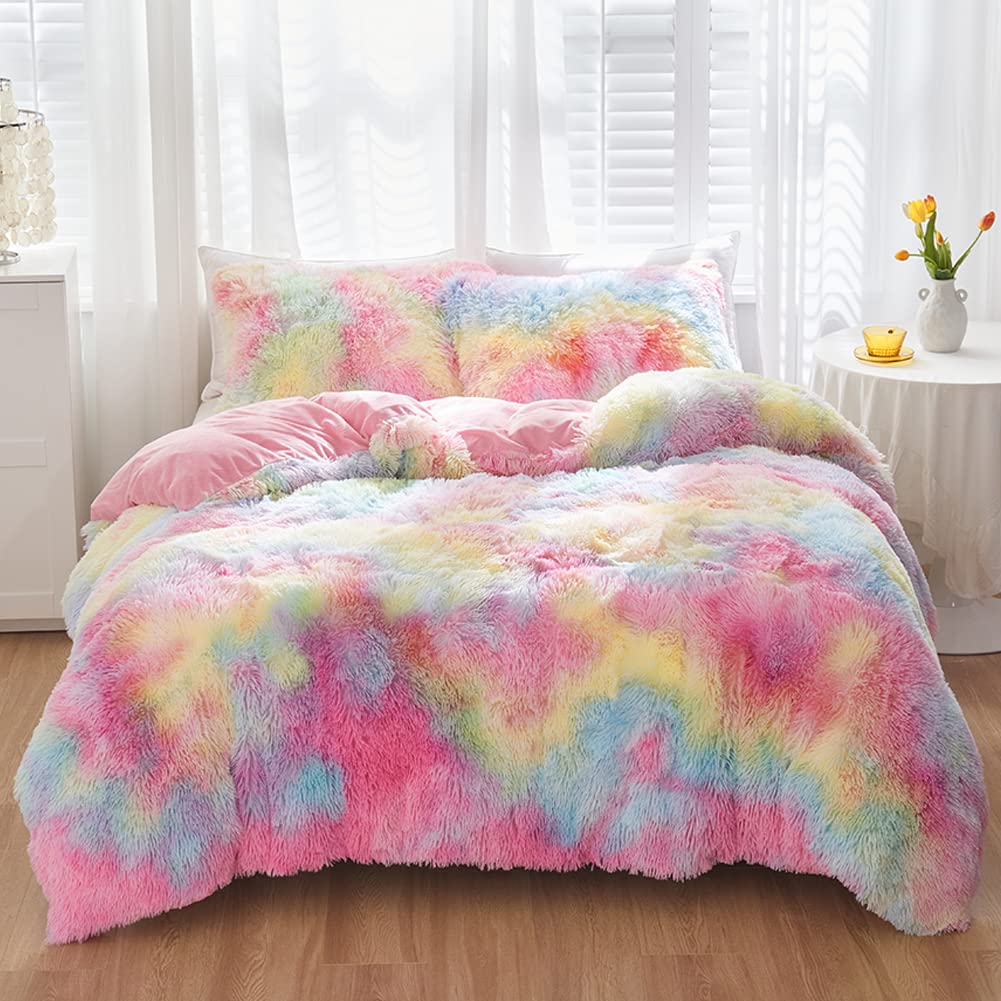 Sucses Pink Plush Shaggy Duvet Cover Twin Size Rainbow Tie Dye Faux Fur Bedding Set For Teens Girls Super Soft Fluffy Fuzzy Ombr