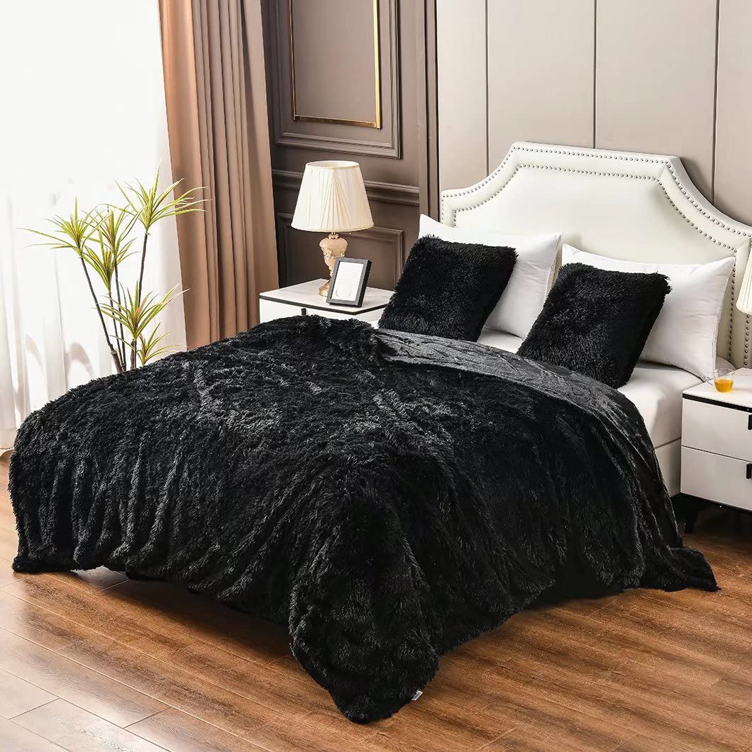 Yusoki Black King Faux Fur Winter Blanket,2 Layers,90X104,Without Pillows Big Soft Plush Fuzzy Large Warm Fluffy Blanket For Bed