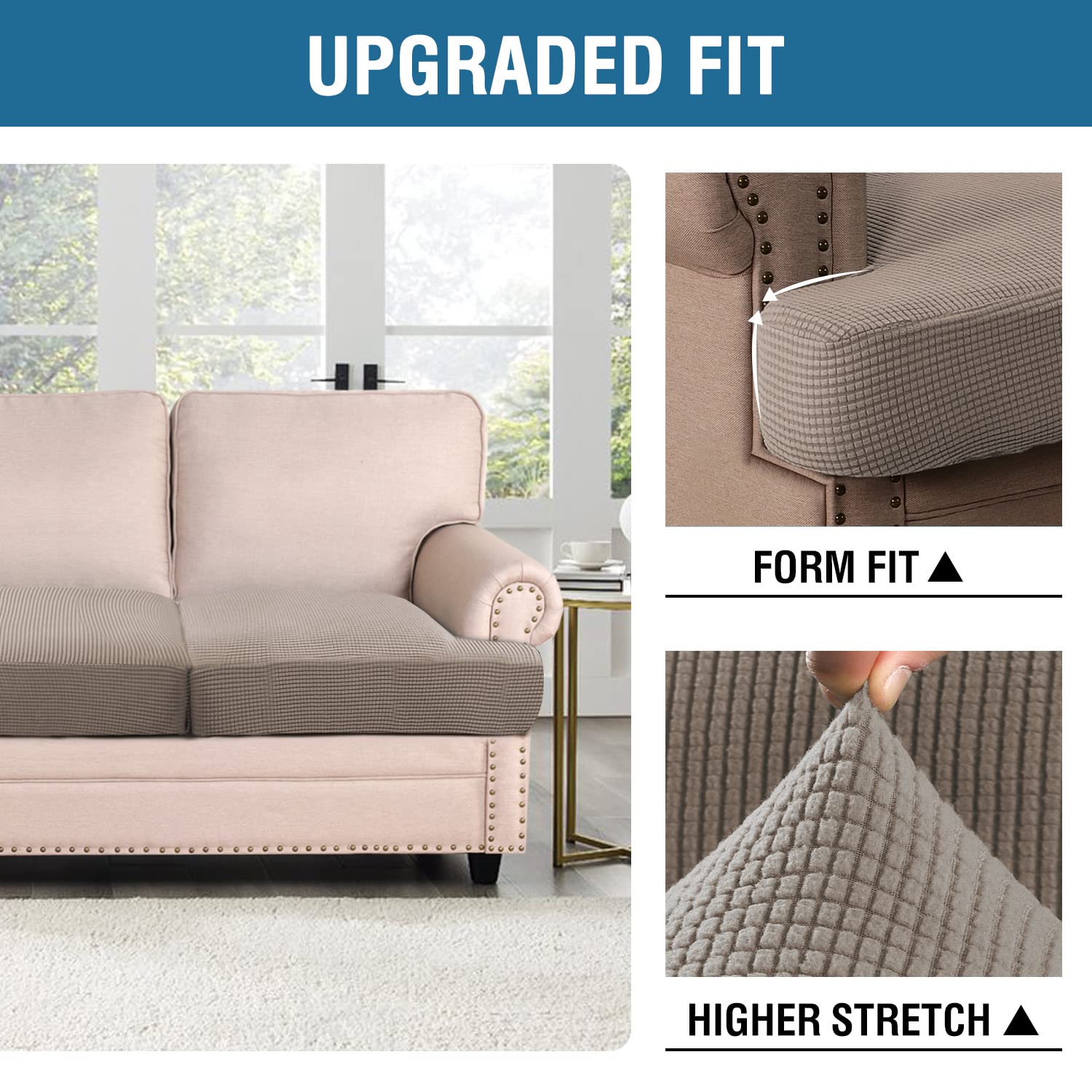 H.Versailtex Stretch 2 Piece T Cushion Sofa Slipcovers Individually Sofa Cushion Covers For 2 Cushion Couch Sofa Seat Cushion Covers With Elastic Bands Featuring Thicker Jacquard Fabric, Taupe