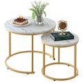 aboxoo Coffee Table Nesting White Set of 2 Side Set Golden Frame Circular Round and Marble Pattern Wooden Tables, Living Room Be
