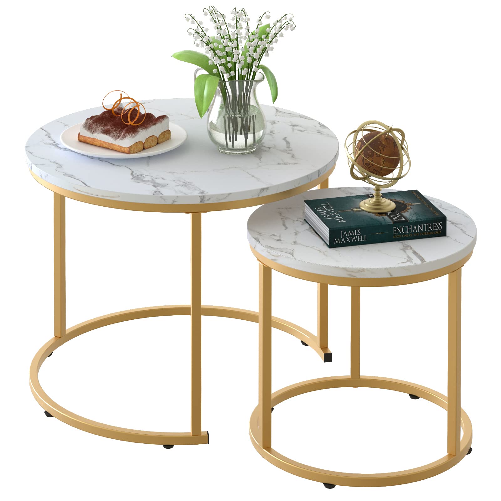 aboxoo Coffee Table Nesting White Set of 2 Side Set Golden Frame Circular Round and Marble Pattern Wooden Tables, Living Room Be