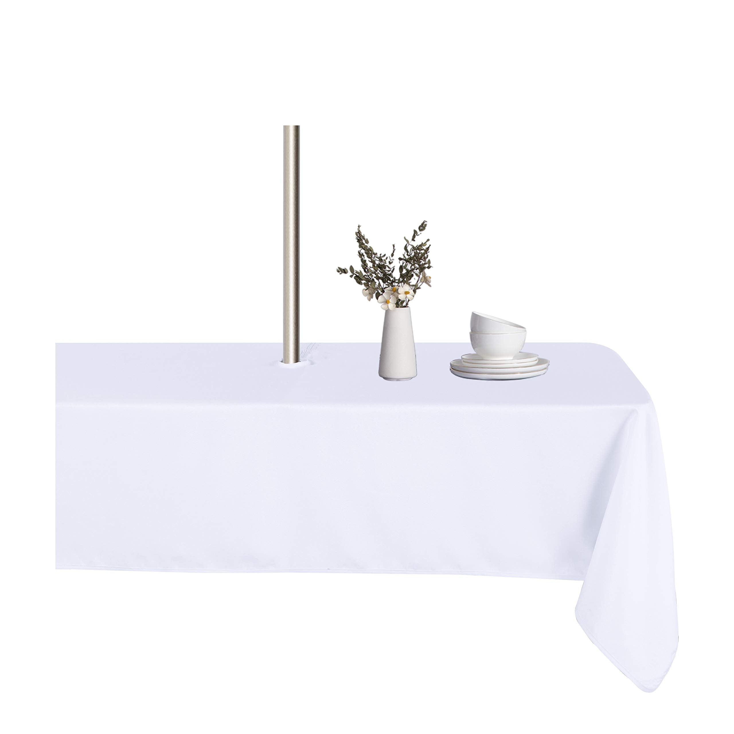 Lushvida Rectangle Outdoor Tablecloth With Umbrella Hole And Zipper, 60X102 Inch White, Washable Waterproof Table Cloth Spill Pr