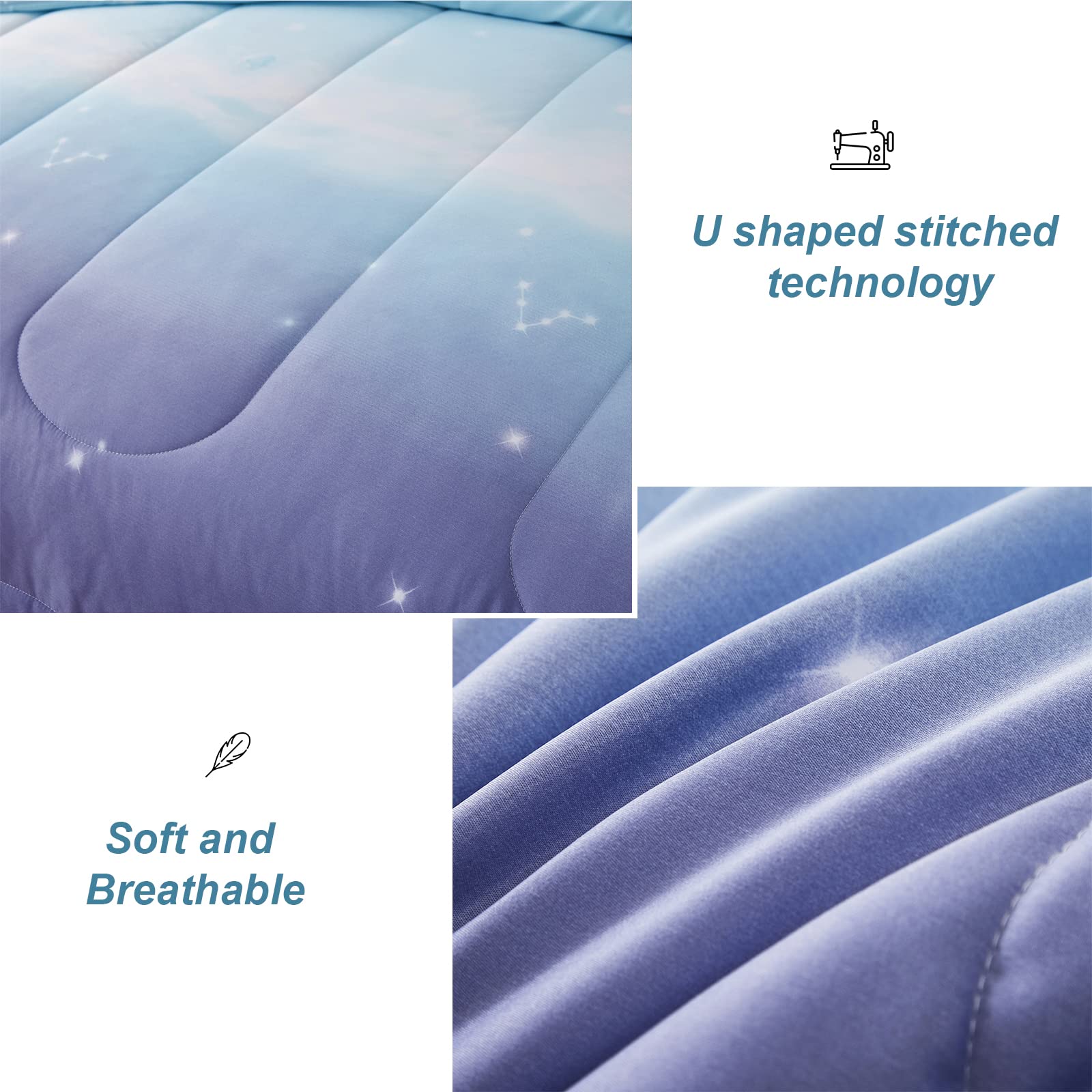 Dinjoy Girls Women Comforter Set King Size Ombre Blue Purple Rainbow Bedding Set 7 Pieces Bed In A Bag For Teen Adult (1 Comfort