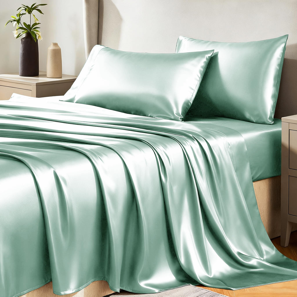 Cozylux Satin Sheets Full Size - 4 Piece Aqua Bed Sheet Set With Silky Microfiber, 1 Deep Pocket Fitted Sheet, 1 Flat Sheet, And