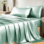 Cozylux Satin Sheets Full Size - 4 Piece Aqua Bed Sheet Set With Silky Microfiber, 1 Deep Pocket Fitted Sheet, 1 Flat Sheet, And