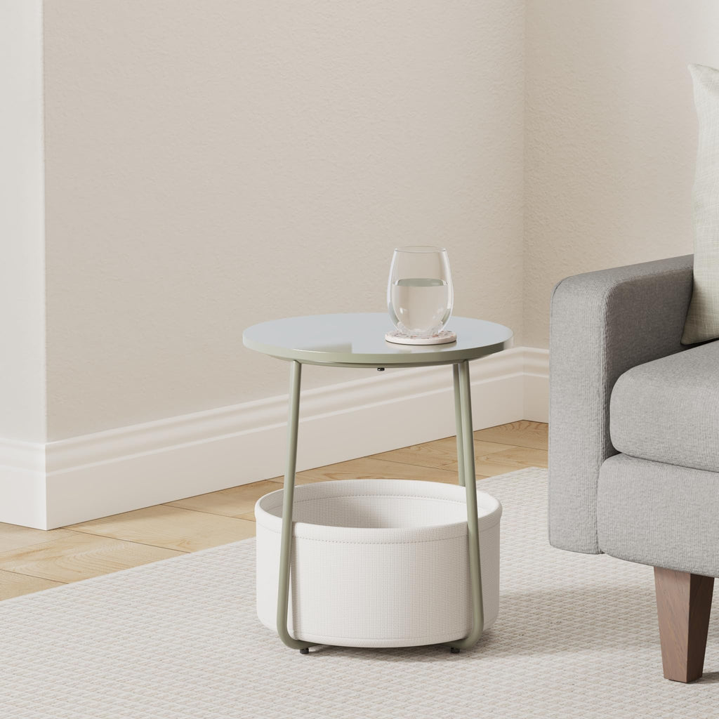 Vasagle End Table, Small Bedside Table With Fabric Basket, Modern Nightstand, Round Side Table, For Living Room, Bedroom, Forest Green And Cream White Ulet223C80