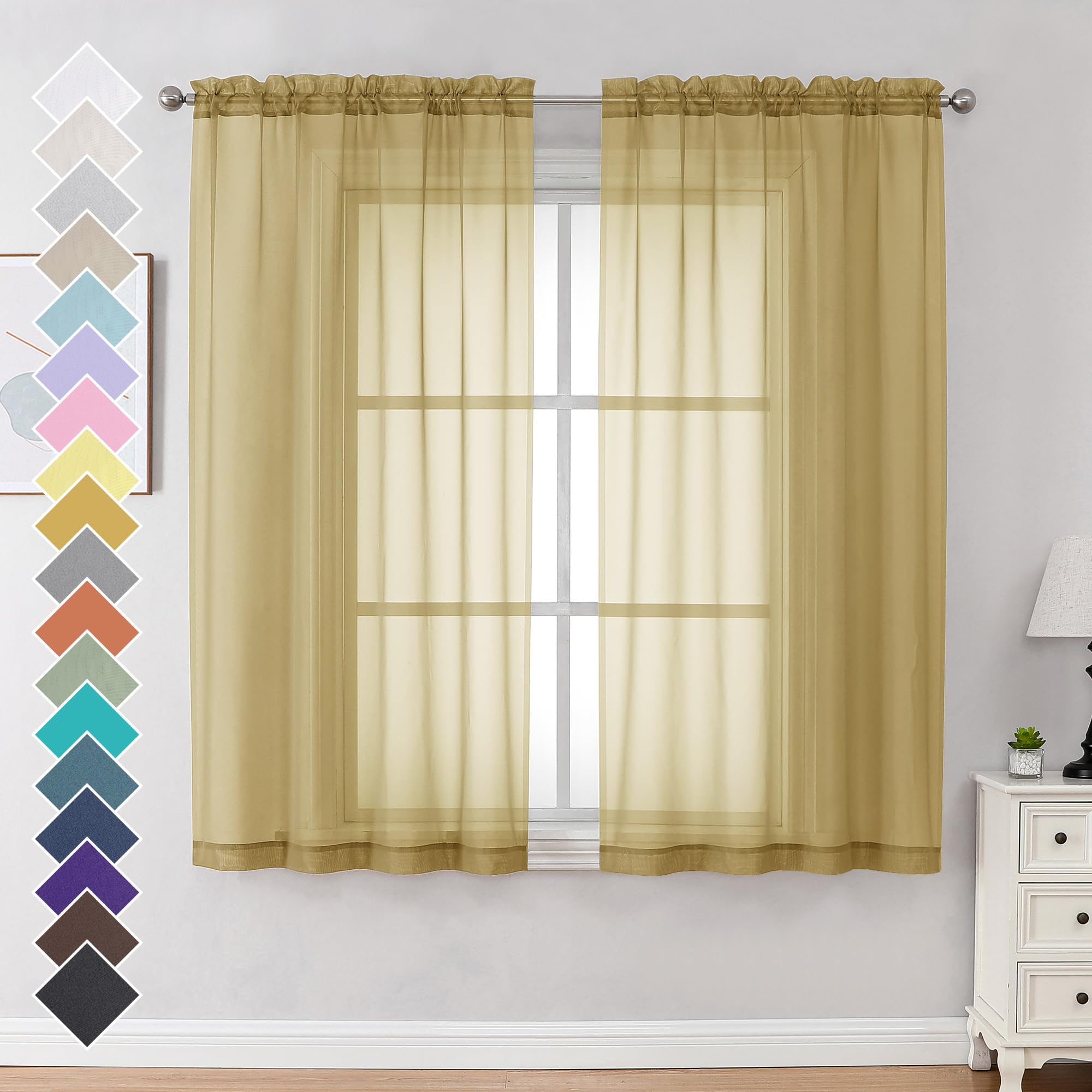 Ovzme Gold Sheer Curtains 63 Inches Long 2 Panels - Soft Light Filtering Window Sheer Panels For Living Room/Bedroom, Top Dual R