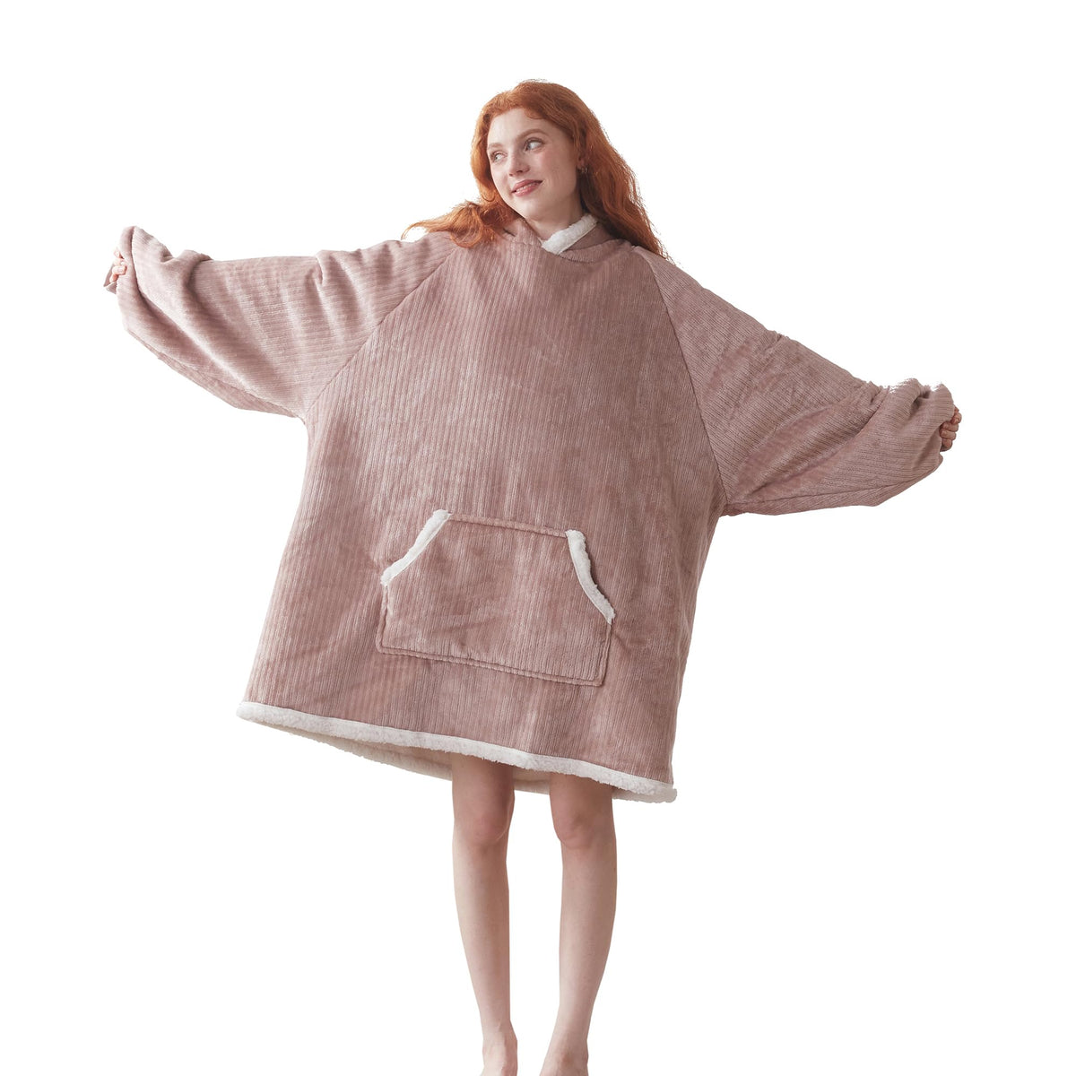 Coova Wearable Blanket Hoodie, Oversized Flannel&Sherpa Hooded For Women And Men, Cozy Sweatshirt With Giant Pocket, Stripe Taup
