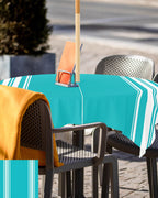 Queenker Outdoor Tablecloth With Umbrella Hole, Farmhouse Aqua White Stripe Square Tables Waterproof Tabletop Collection For Pat