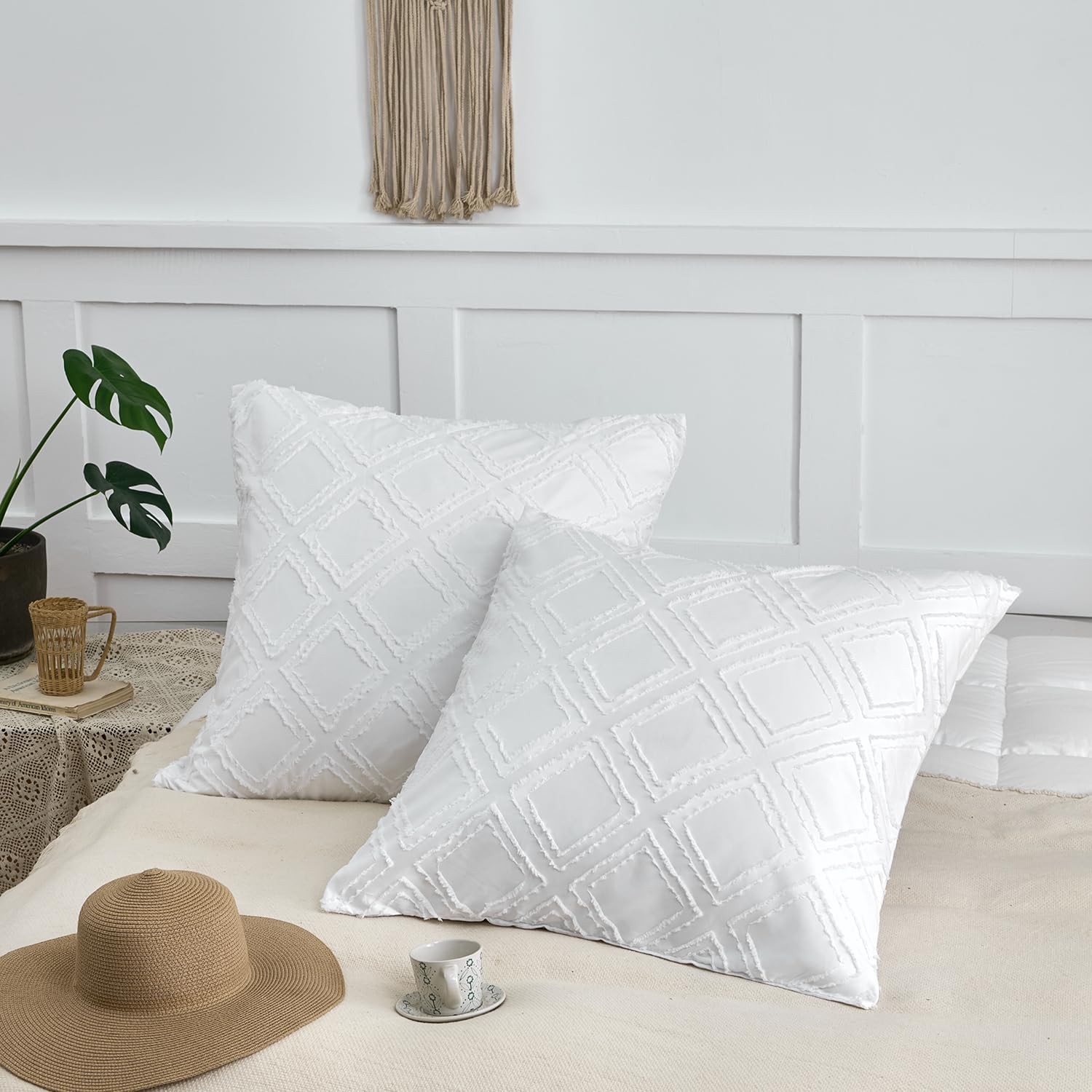 Xuan Dian Square Pillow Shams 2 Pack, Square Size Pillowcases, Soft Microfiber Geometric Tufted Pillow Covers With Envelope Clos