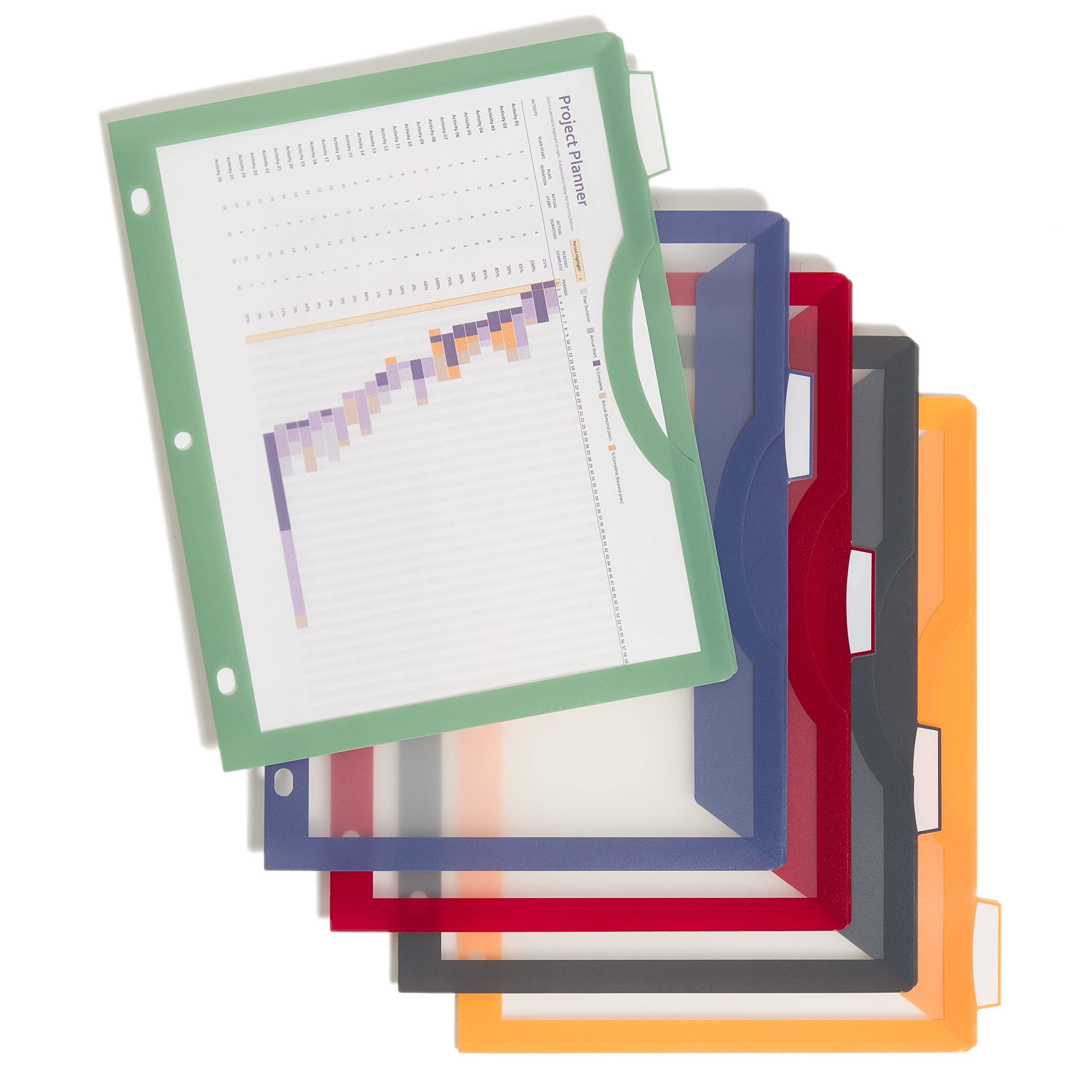 U Brands 5-Tab Poly Dividers With Clear View Pockets, Set Of 10, Assorted Core Colors, 3-Hole Punched