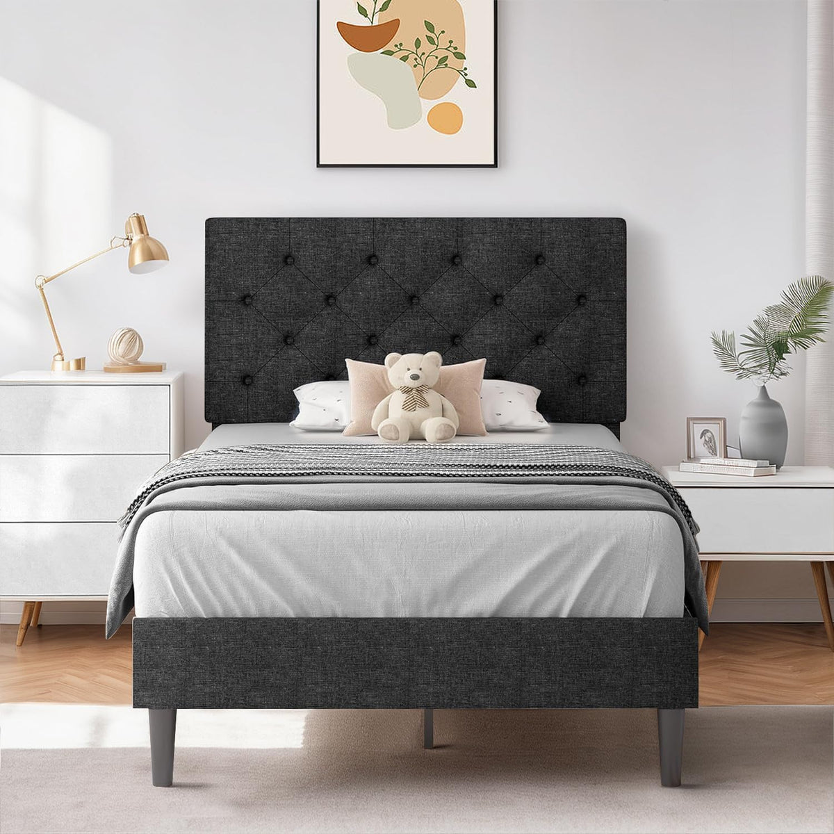 Hombck Twin Size Bed Frame With Adjustable Headboard, Linen Fabric Upholstered Bed Frame With Wood Slats, Twin Bed Frames For Kids, Button Tufted Design, No Box Spring Needed, Black