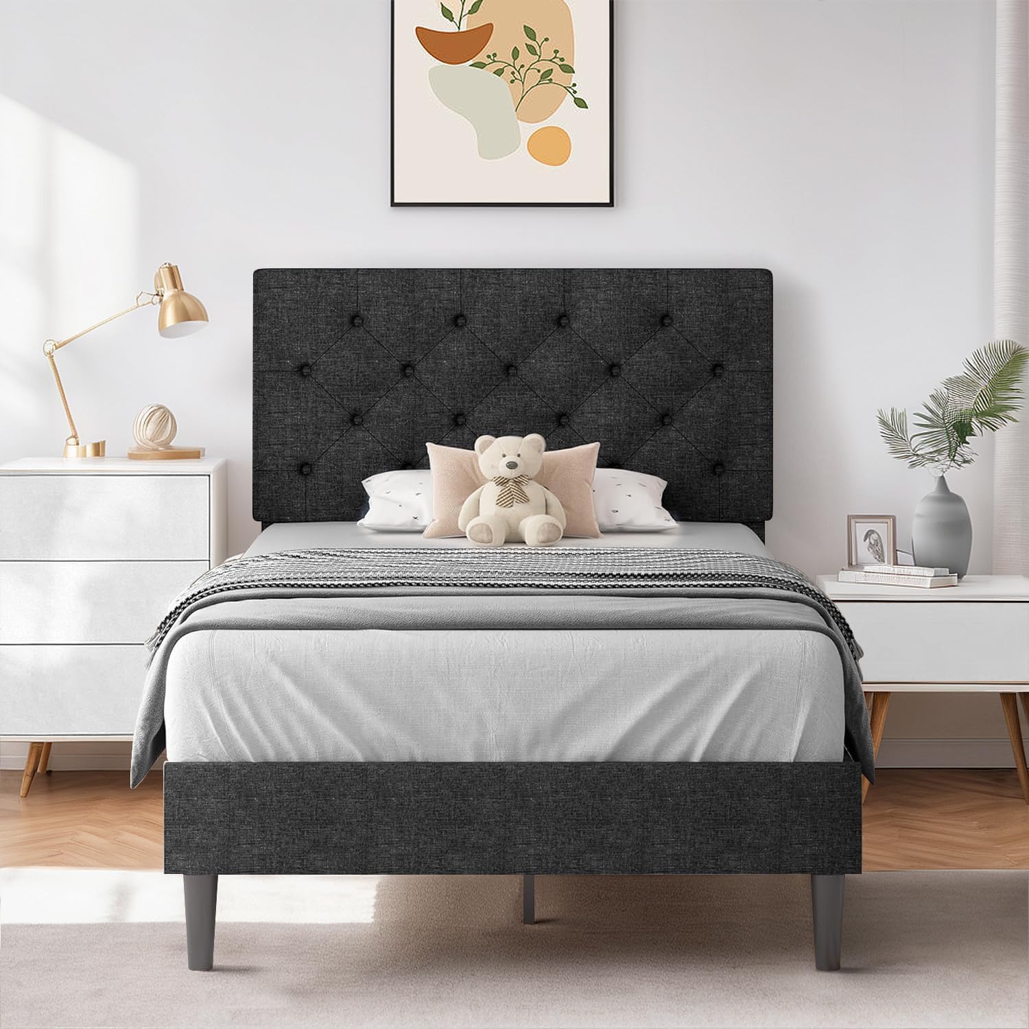 Hombck Twin Size Bed Frame With Adjustable Headboard, Linen Fabric Upholstered Bed Frame With Wood Slats, Twin Bed Frames For Kids, Button Tufted Design, No Box Spring Needed, Black