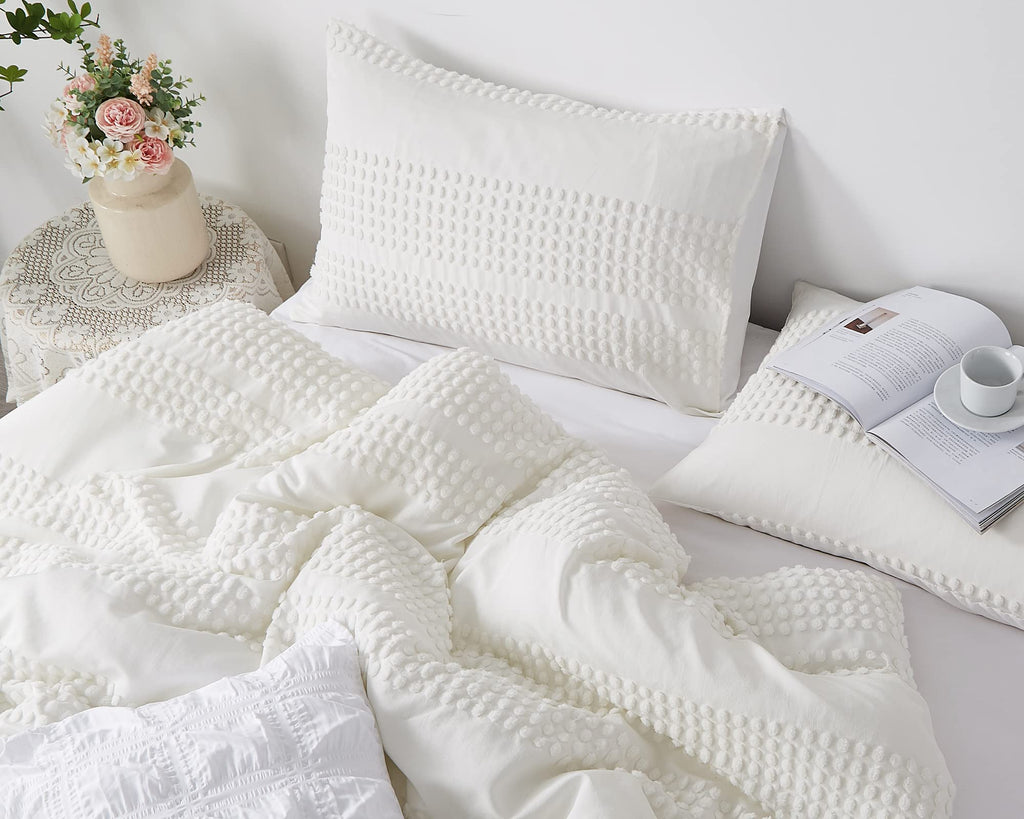 Cupocupa King Size Comforter Set;White Boho Tufted Lightweight Bedding Sets 3Pcs Soft Jacquard Pom Pom Comforter With 2 Pillow C