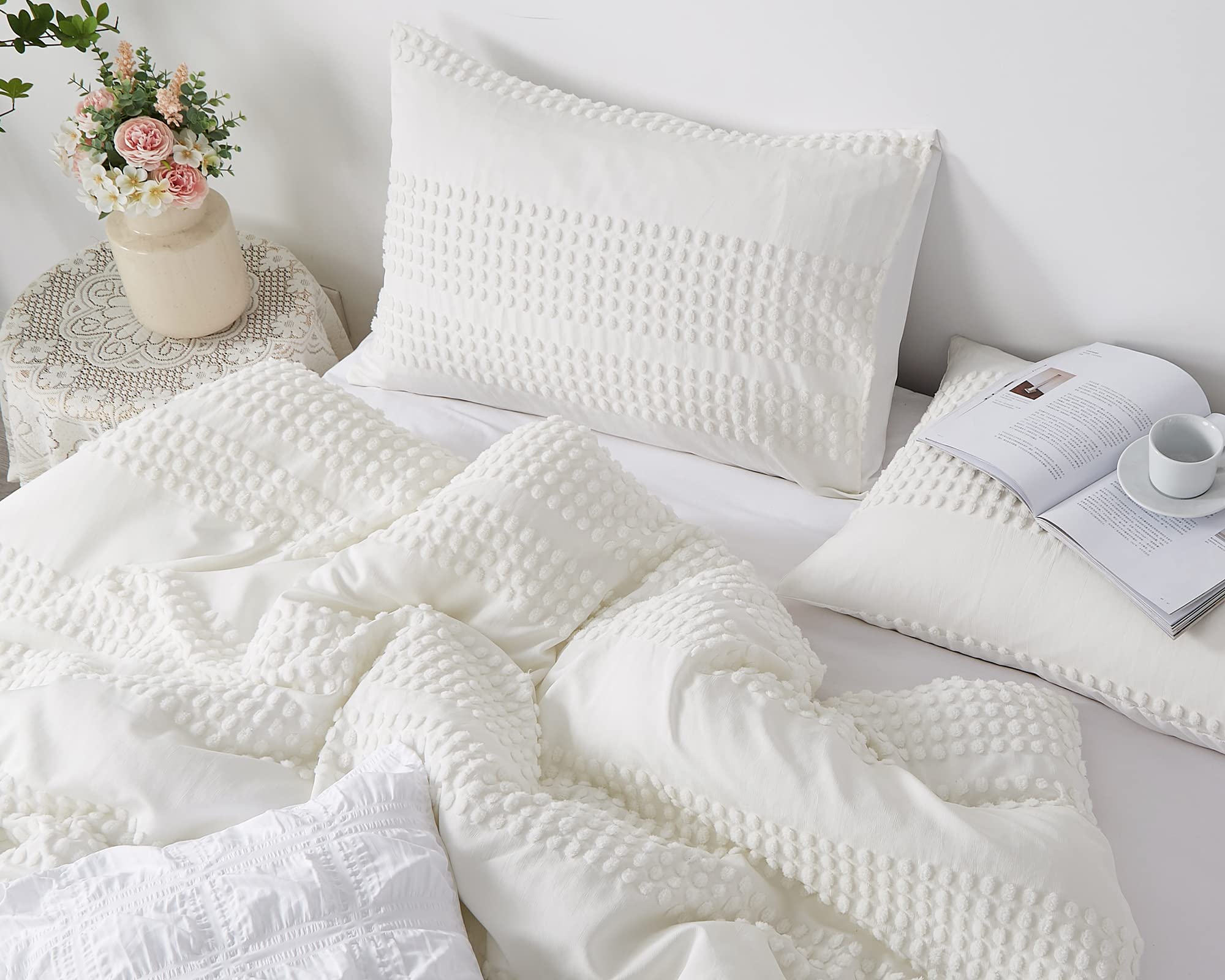 Cupocupa King Size Comforter Set;White Boho Tufted Lightweight Bedding Sets 3Pcs Soft Jacquard Pom Pom Comforter With 2 Pillow C