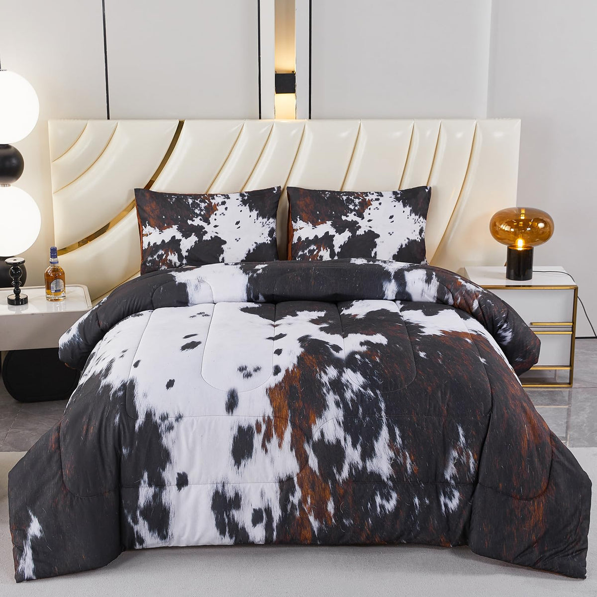 Perfemet Queen Comforter Set 3 Pieces Cow Print Bedding Set Western Farmhouse Rustic Bed Comforter Set Black White Brown Cowhide