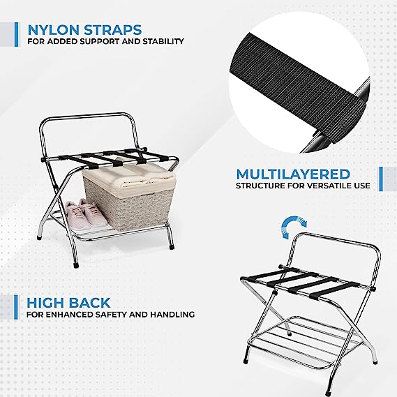 2-Tier Folding Luggage Rack with High Back, Rubber Feet, Black Alloy Steel