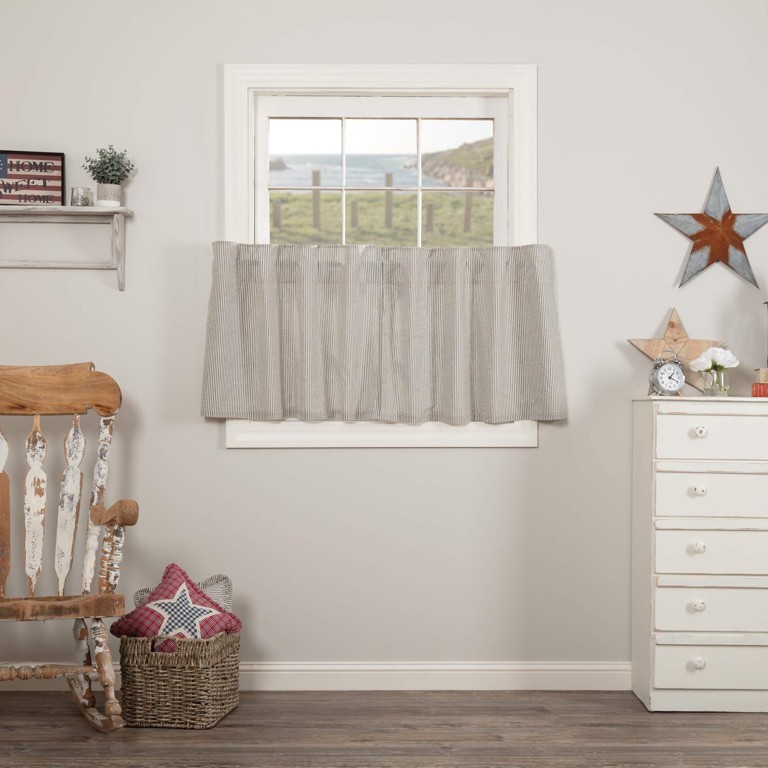 Vhc Brands Hatteras Seersucker Ticking Striped Cotton Americana Kitchen Curtains Rod Pocket Hanging Loops 24X36 Tier Pair, Denim