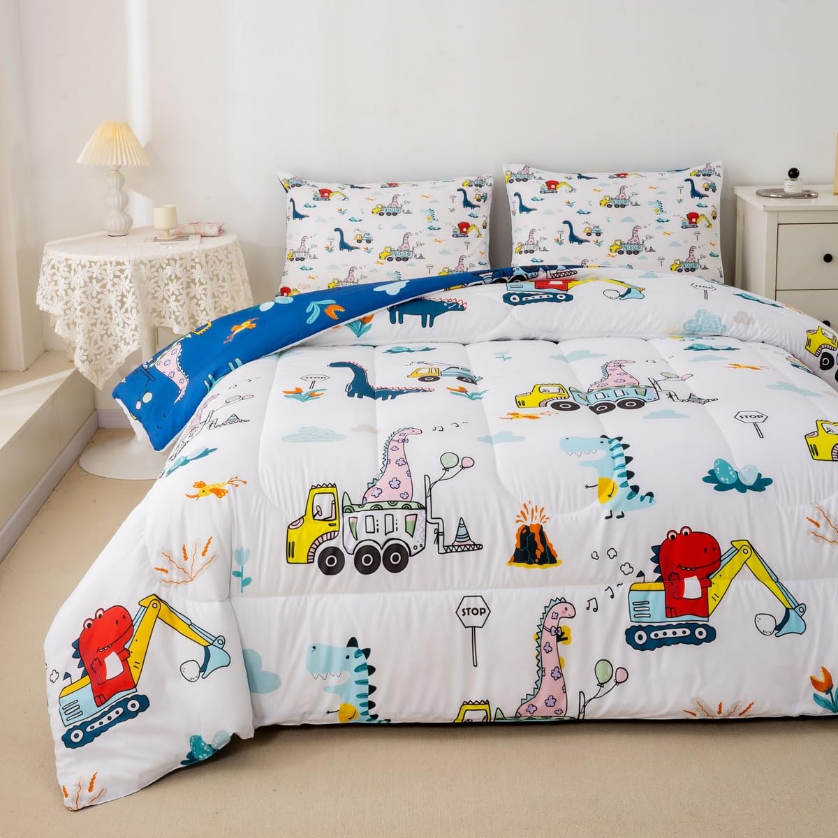 Cartoon Dino Excavator Comforter Set Toddler Size, Cartoon Car Dinosaur Construction Comforter Set Kids Toddler Construction Veh