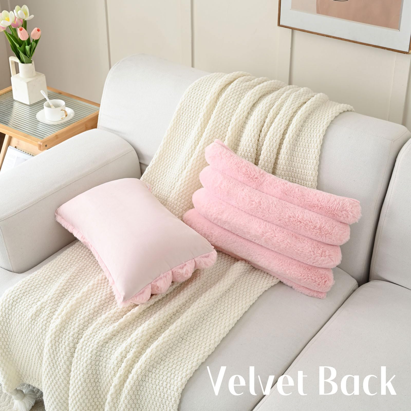 Futei Pink Decorative Throw Pillow Covers 12X20 Inch Set Of 2, Square Soft Faux Rabbit Fur Big Striped Cushion Cover,Home Decor