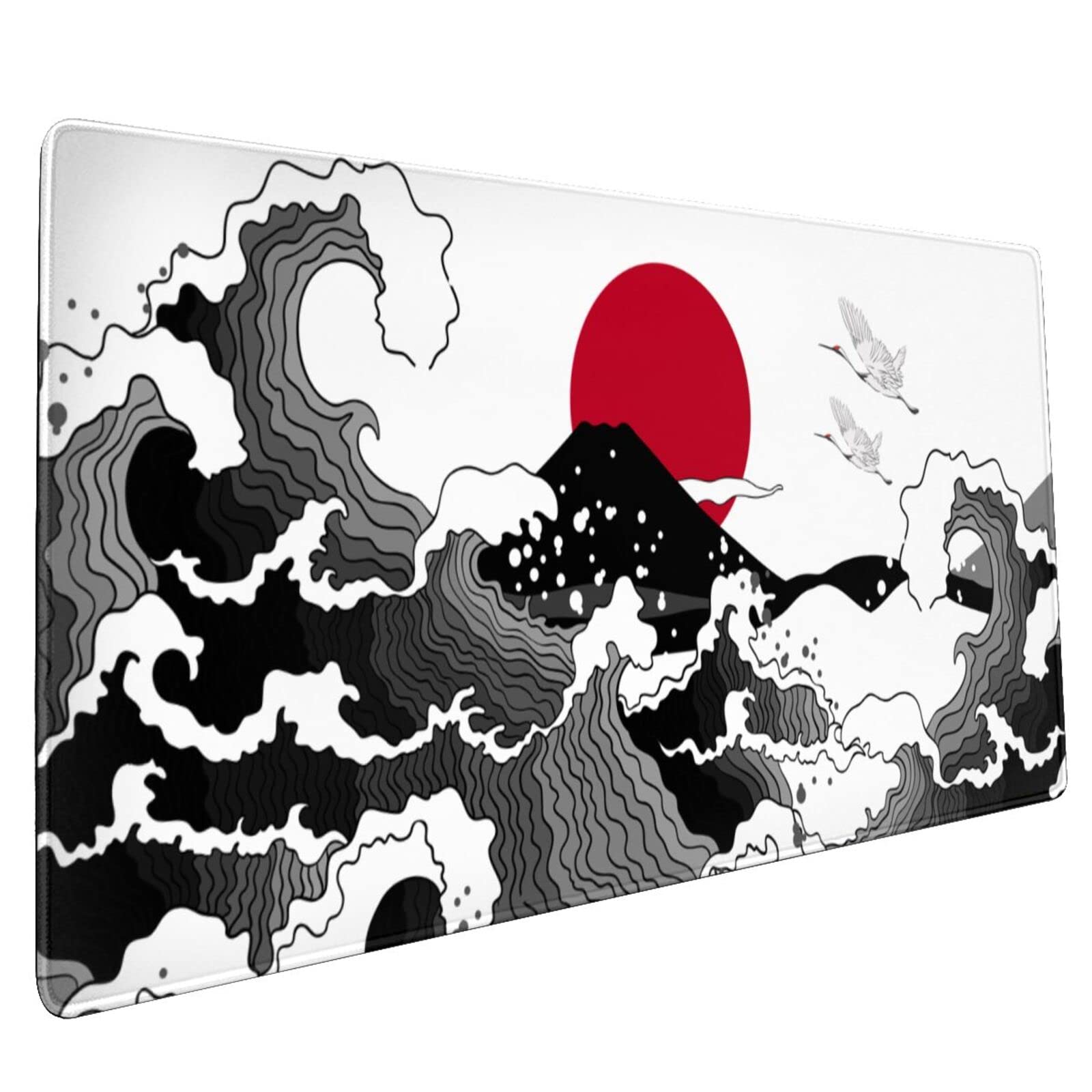 Japanese Red And Black Wave Mouse Pad 35.4 X 15.7 Inch Extended Large Cool Mouse Mat Non-Slip Rubber Base Long Art Mousepad With