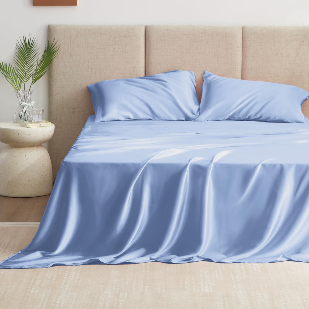 Love'S Cabin Satin Queen Sheets Set - 4 Piece Sky Blue Silky Satin Bed Sheets Queen Set With Deep Pocket, Luxury Silk Feel Satin Queen Size Sheet Set (1 Flat Sheet,1 Fitted Sheet,2 Pillow Cases)