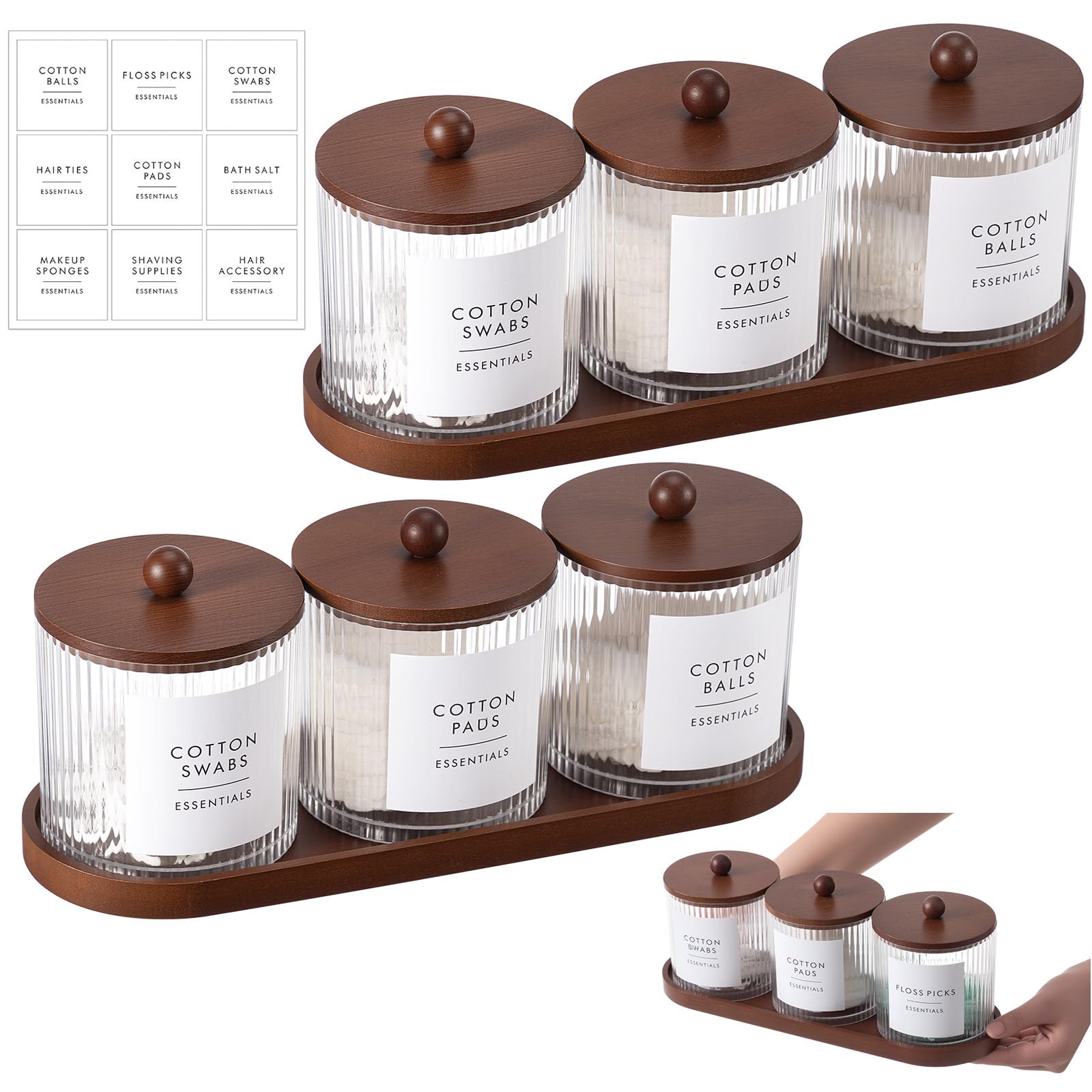 Vesici 6 Pack Bathroom Canisters Ribbed Apothecary Jars with Bamboo Lids 2 Bamboo Trays and 9 Label Stickers Cotton Swabs Holder