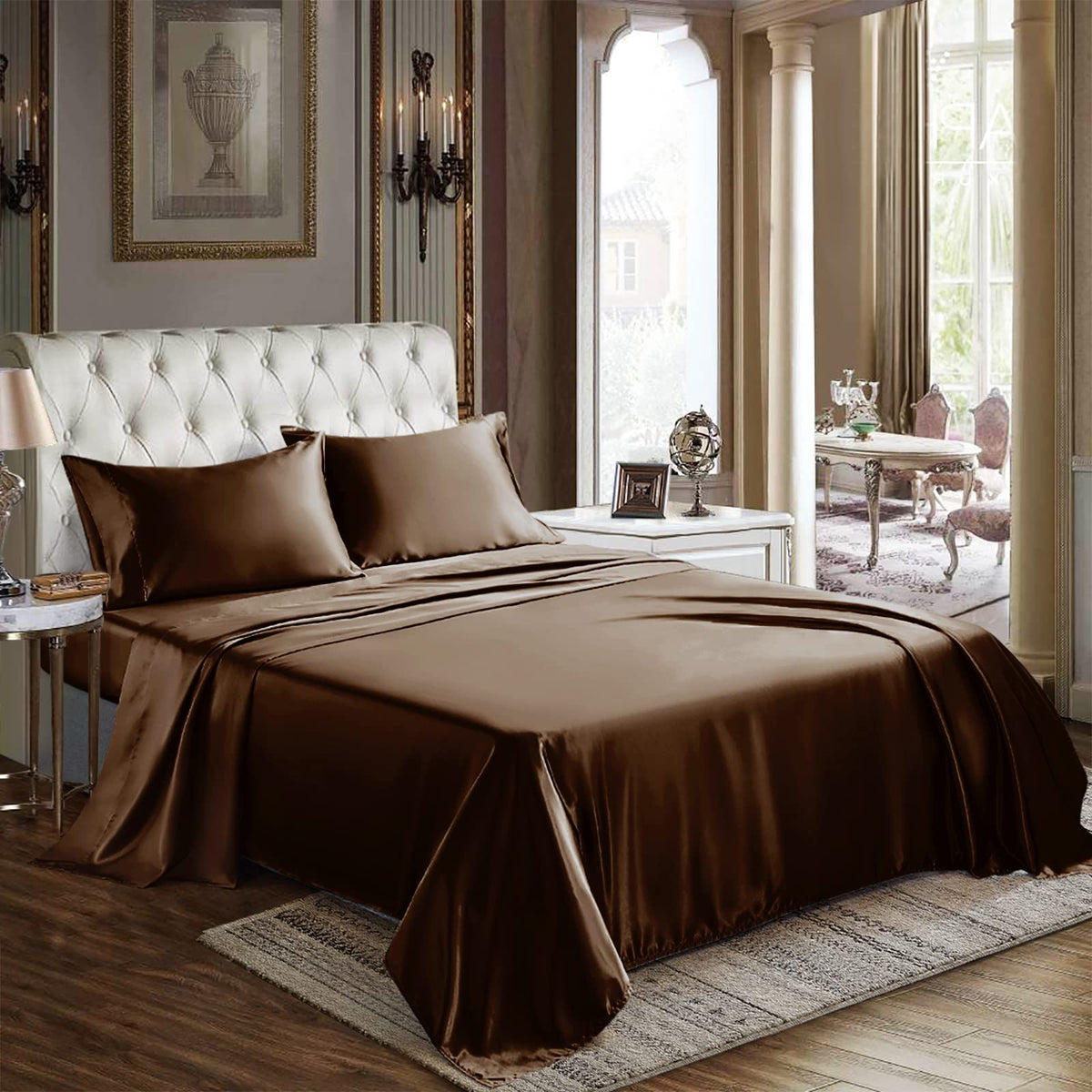 Cozylux Satin Sheets King Size - 4 Piece Brown Bed Sheet Set With Silky Microfiber, 1 Deep Pocket Fitted Sheet, 1 Flat Sheet, An