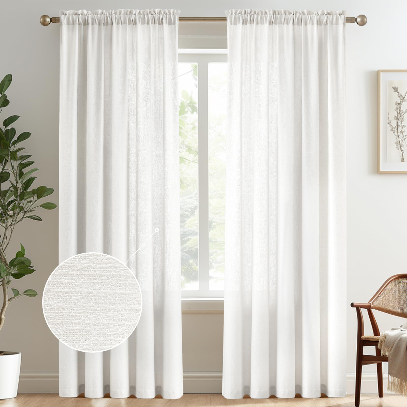 Melodieux Ivory Semi Sheer Curtains 96 Inches Long For Living Room, Bedroom Faux Linen Texture Rod Pocket Privacy Sheer Drapes,