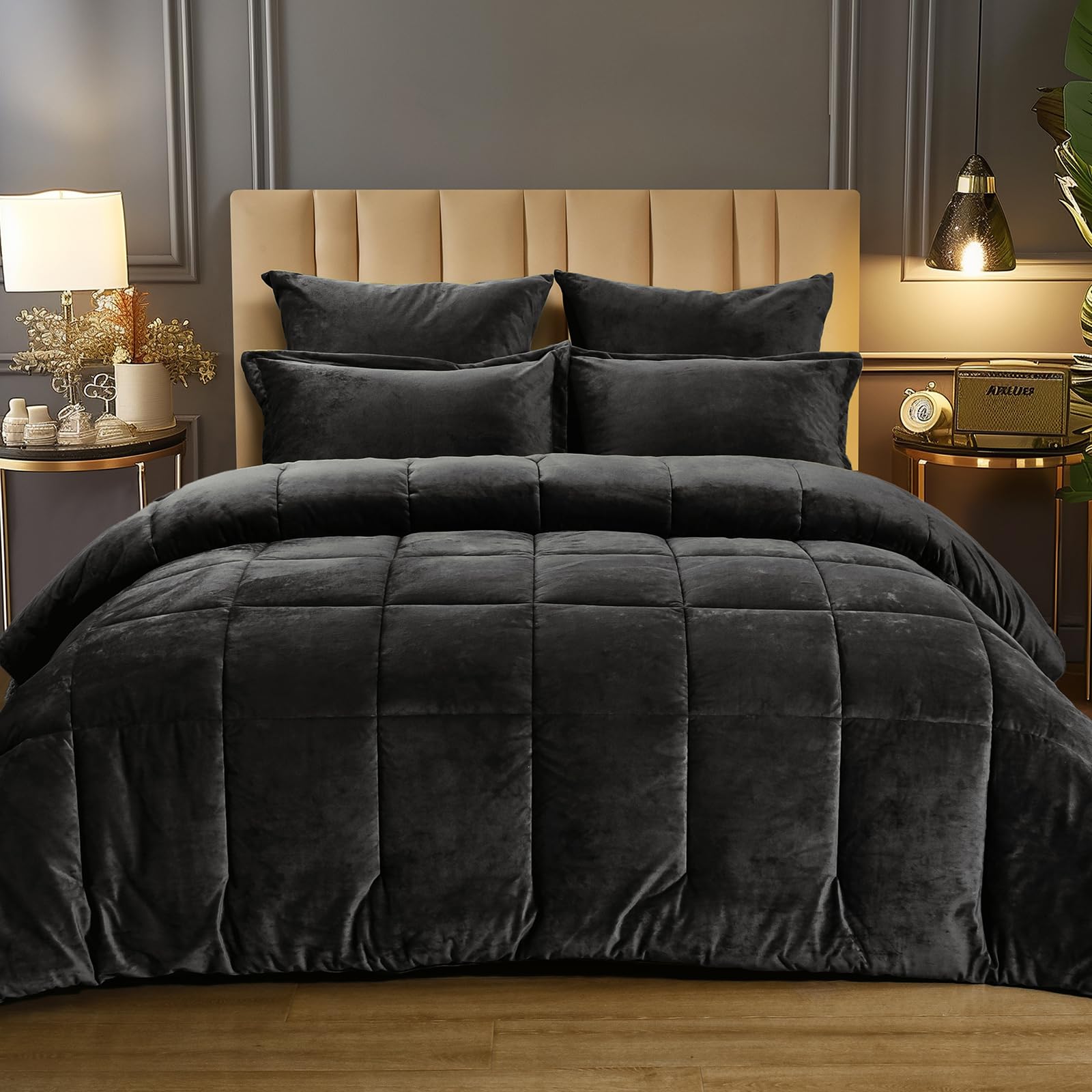 Phf Double-Sided Velvet Comforter Set King Size, 5 Piece Soft Luxury Winter Warm Bedding Sets, Modern Bed In A Bag Including 1 Cozy Comforter, 2 Pillow Shams, 2 Euro Shams For Home Decor, Black