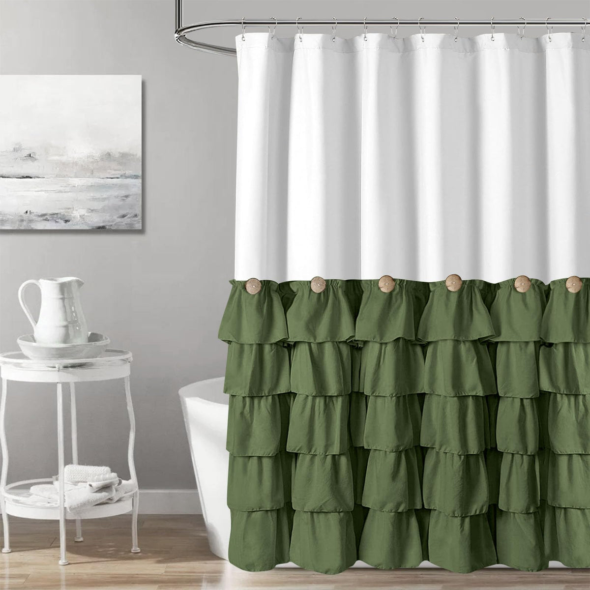 Seasonwood Green And White Shower Curtain 72 X 72 With Nature Buttons Farmhouse Shower Curtain For Bathroom French Country Style