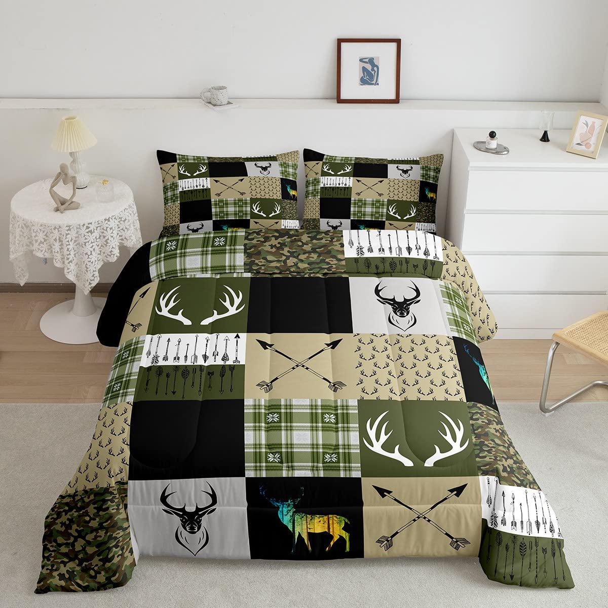 Elk Deer Queen Comforter Set, Army Green Camo Bedding, Patchwork Buffalo Checkered Abstract Bedding Comforter Sets, Ethnic Triba