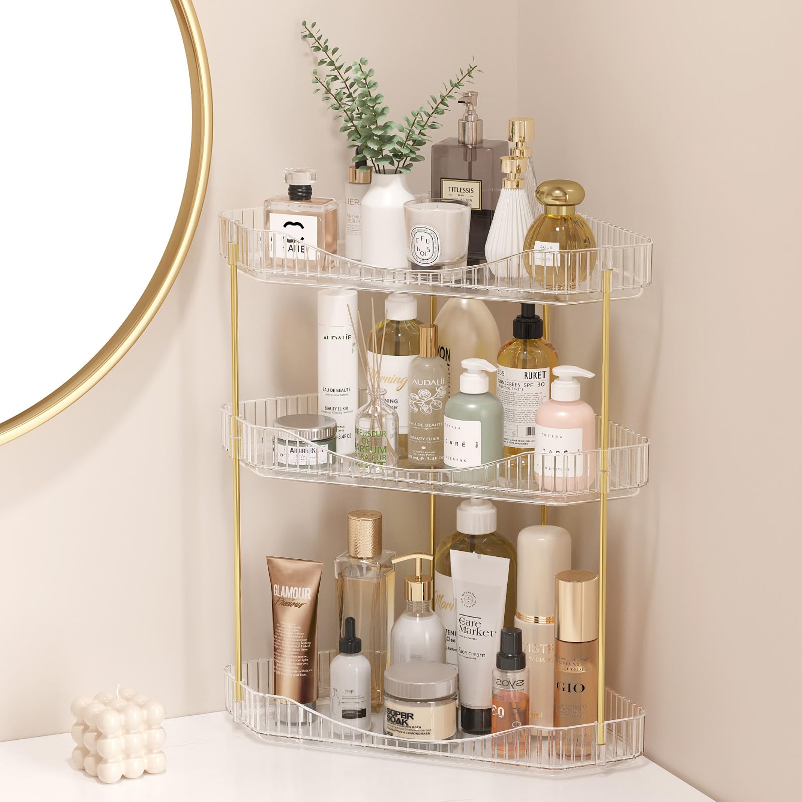 Lifewit 3-Tier Bathroom Counter Organizer Corner, Plastic Makeup Skincare Storage Organizer Countertop, Sink Vanity Trays Perfum