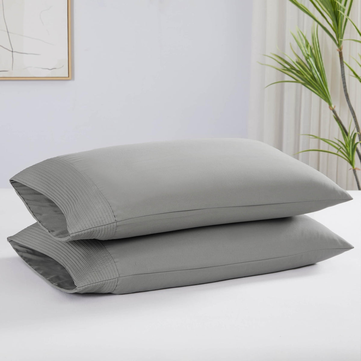 Southshore Fine Living, Inc. Pleated Grey Pillow Cases Queen Size Set Of 2, Luxurious Brushed Microfiber Pillowcases For Full, T