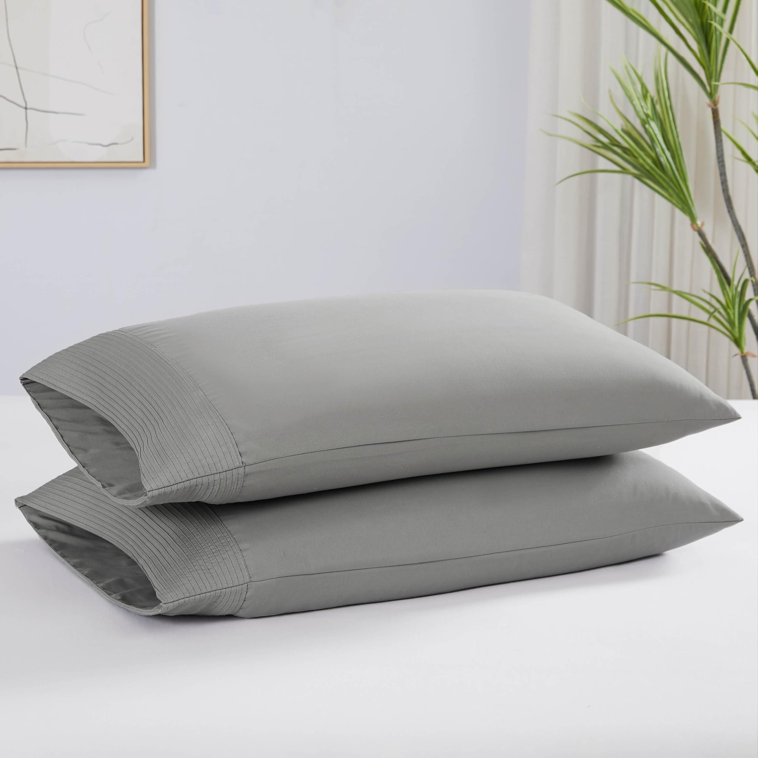 Southshore Fine Living, Inc. Pleated Grey Pillow Cases Queen Size Set Of 2, Luxurious Brushed Microfiber Pillowcases For Full, T