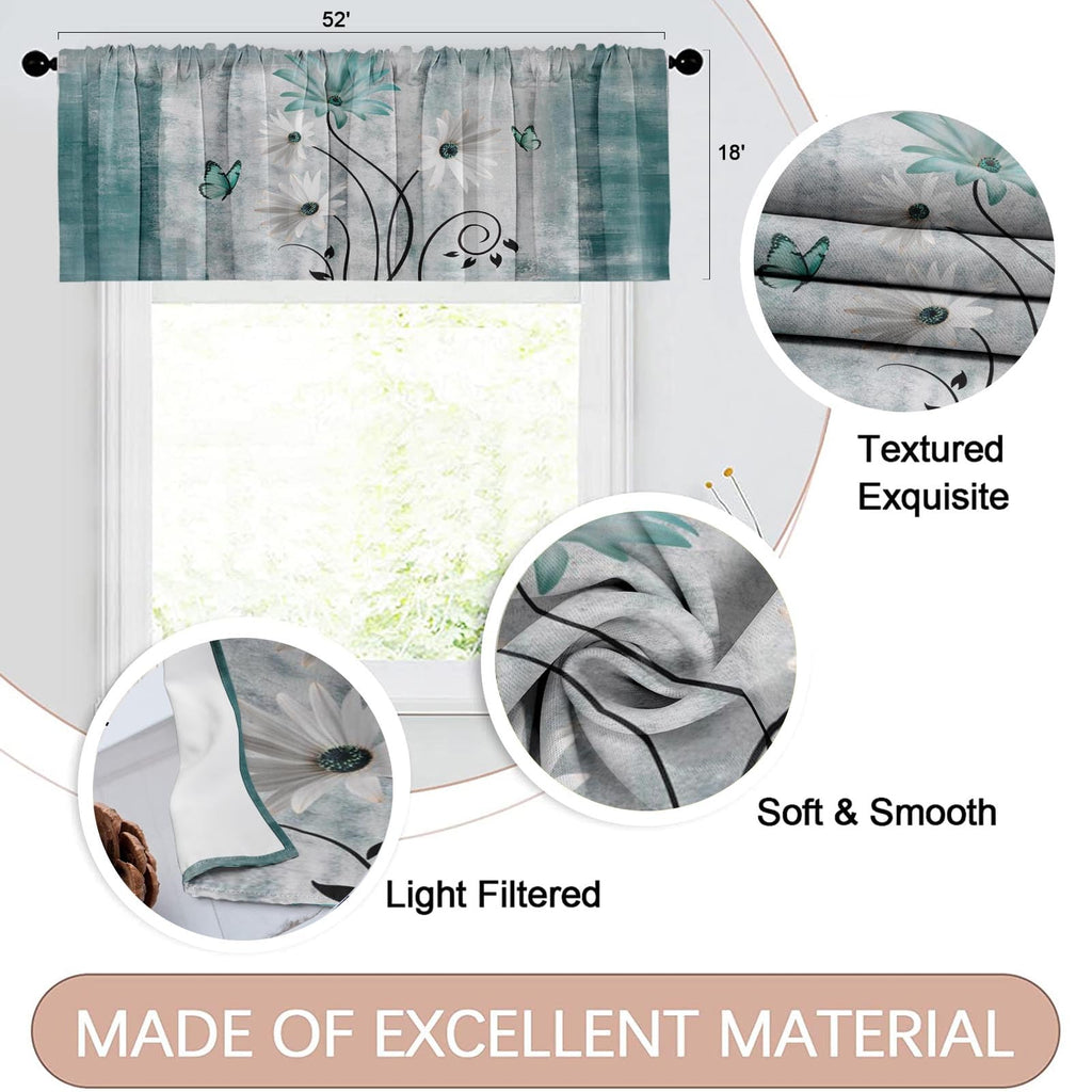Emvency 2 Pack Valances Window Treatments, Farmhouse Green Daisy Flowers Butterfly Blackout Drapes Adjustable Curtain Valances F