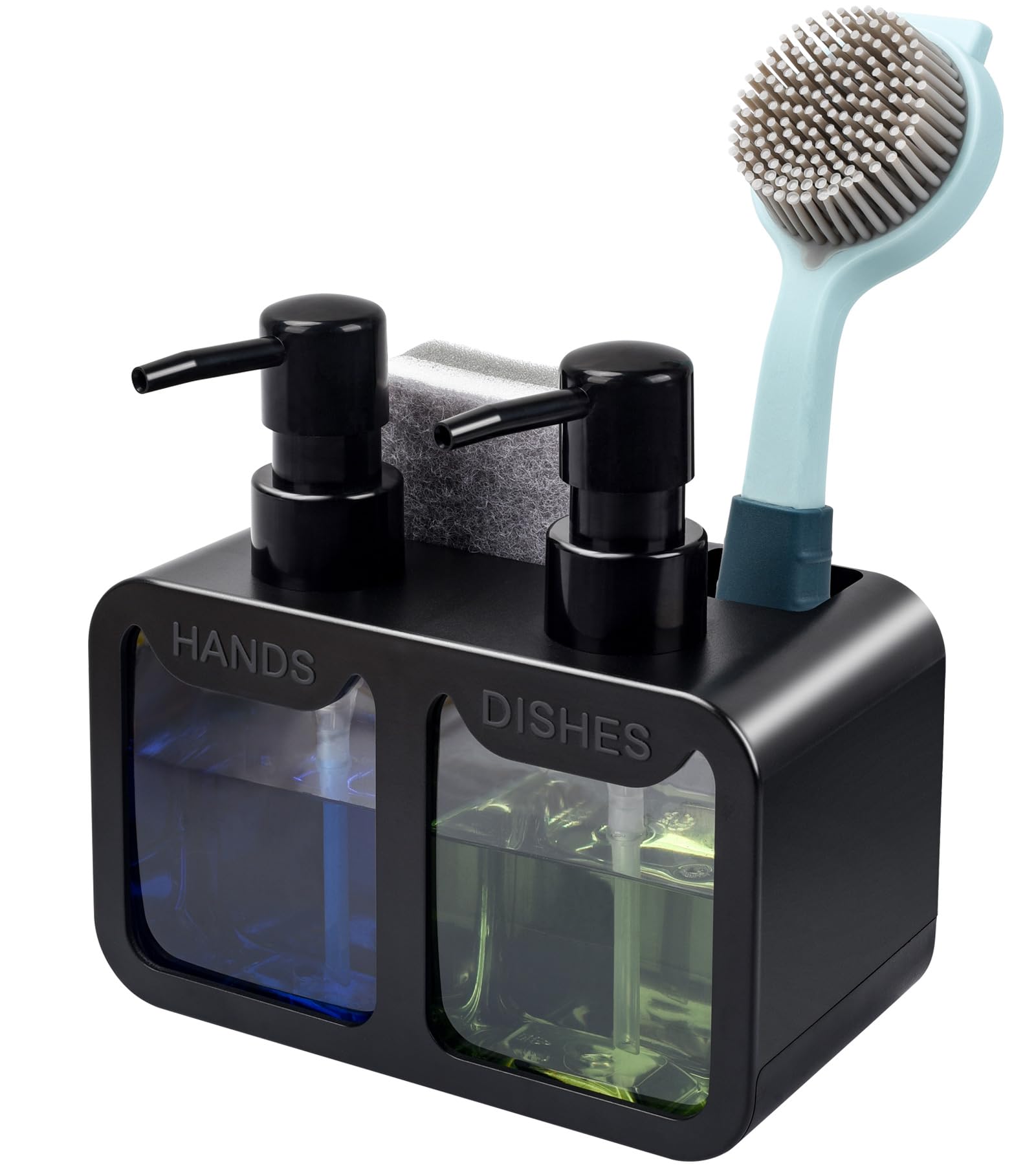 Kitchen Hand Soap and Dish Soap Dispenser Set, Dual Soap Dispenser with Sponge Caddy and Brush Holder 4-in-1 Organizer for Kitch
