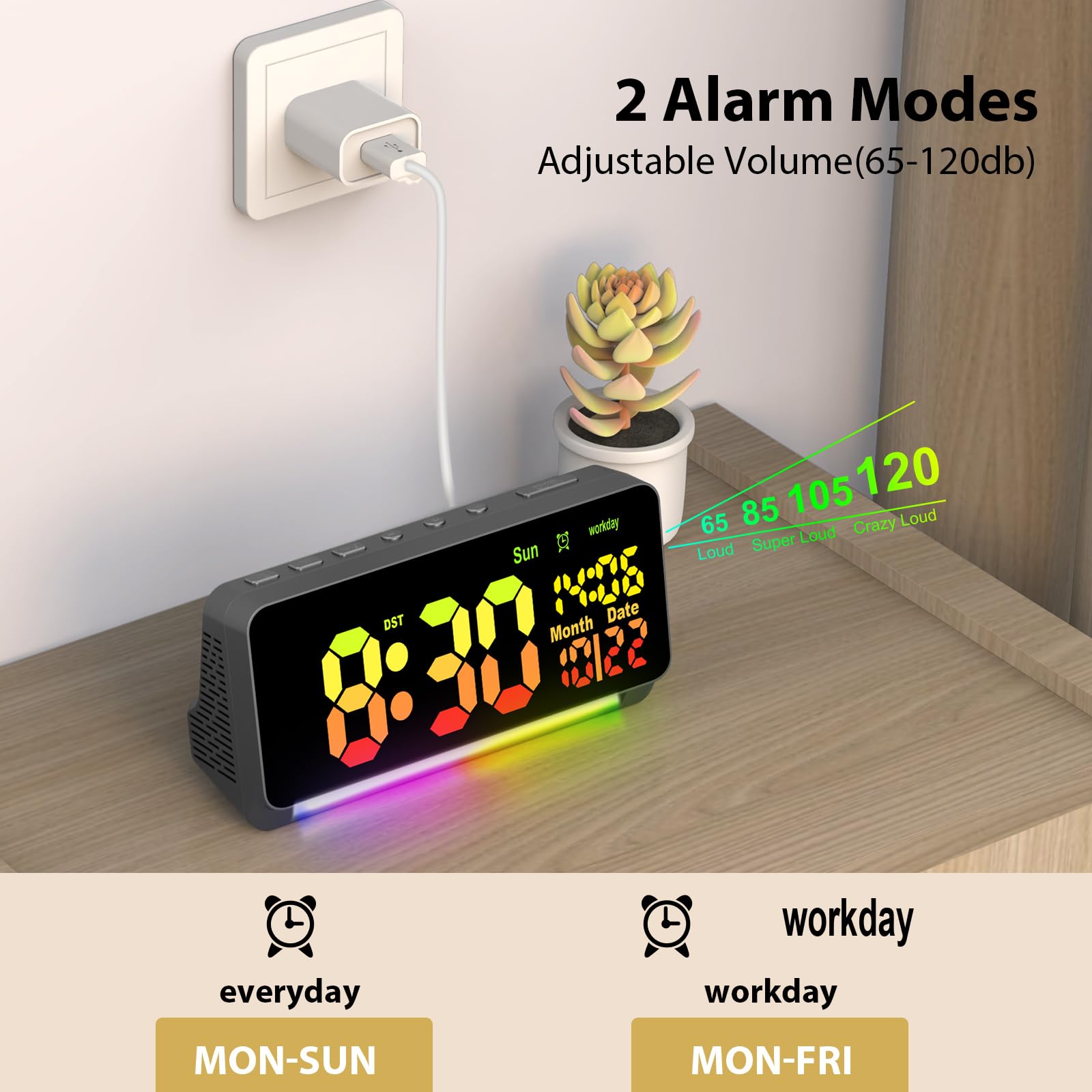 Samshow 120Db Super Loud Alarm Clock Heavy Sleepers Adults, Loud Alarm Clock Bluetooth Sync Time,15 Wake Up Sounds, 7 Color Nigh