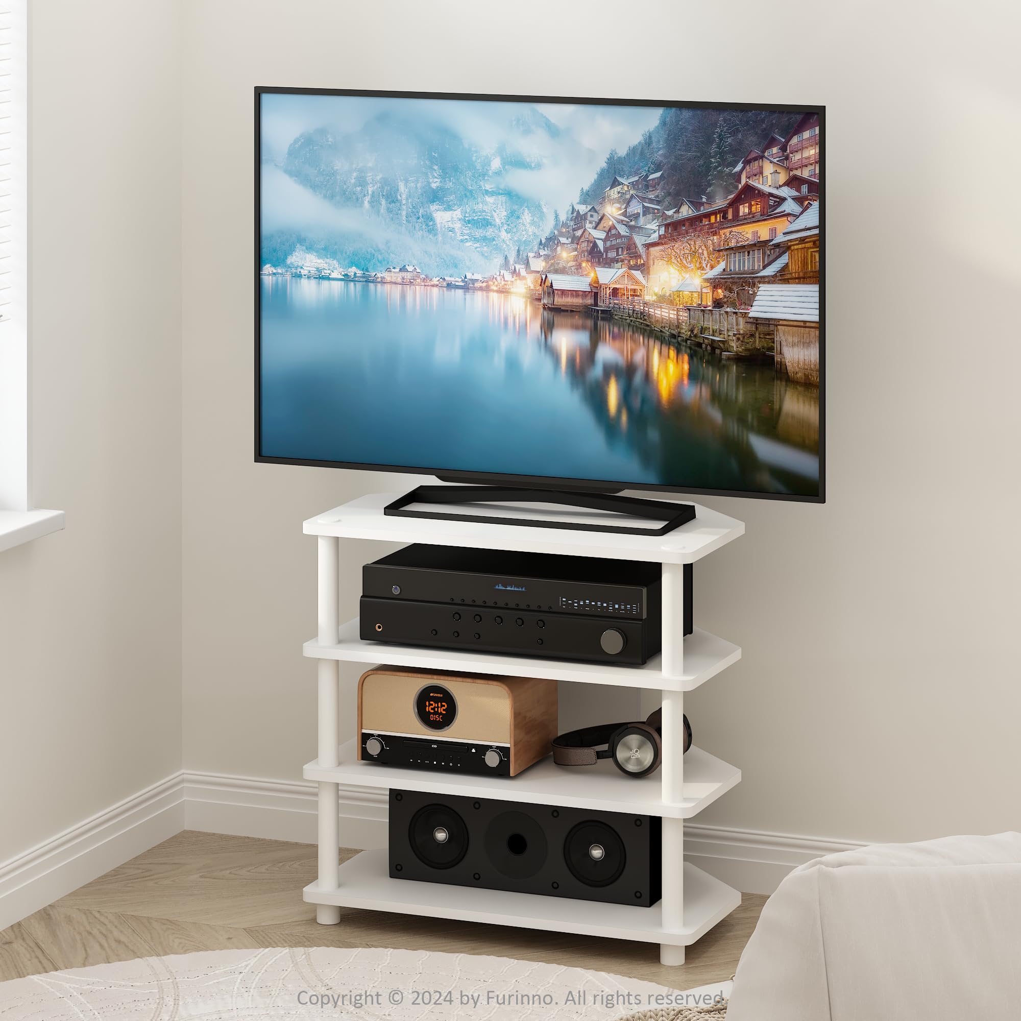 Furinno 4-Tier Petite TV Stand for 32 Inch TVs, Easy Assembly, White/White Finish