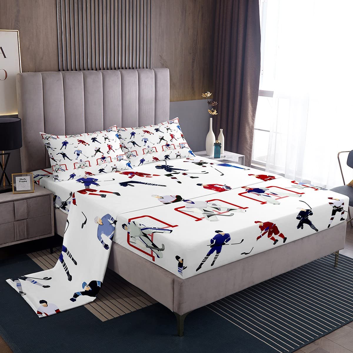 Ice Hockey Sheet Set Twin Kids Sports Event Bedding Set Hockey Player Bed Sheets For Boys Bedroom Decor Soft Winter Sports Hocke