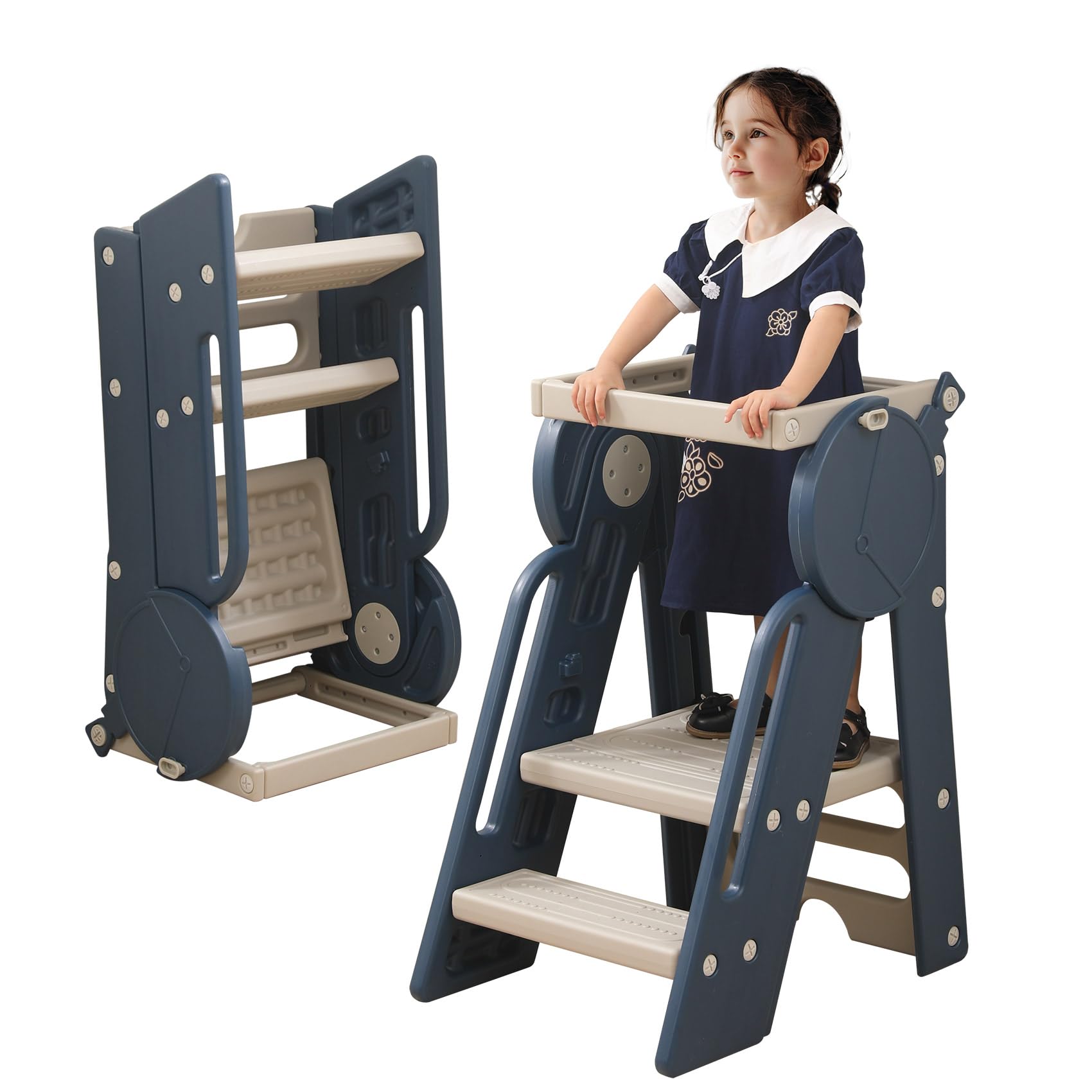 Unicoo Kids Toddler Climber Tower & Ladder, Kitchen Step Stool, Toddler Months 12-84 Learning Stool With Adjustable Guardrail, T