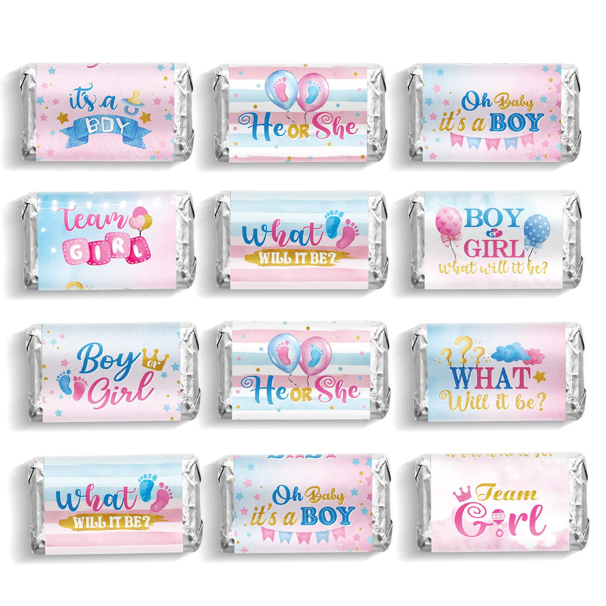 90 Pcs Boy or Girl Gender Reveal Candy Wrappers Mini Candy Chocolate Wrappers Team Boy and Team Girl Labels He or She Gender Rev