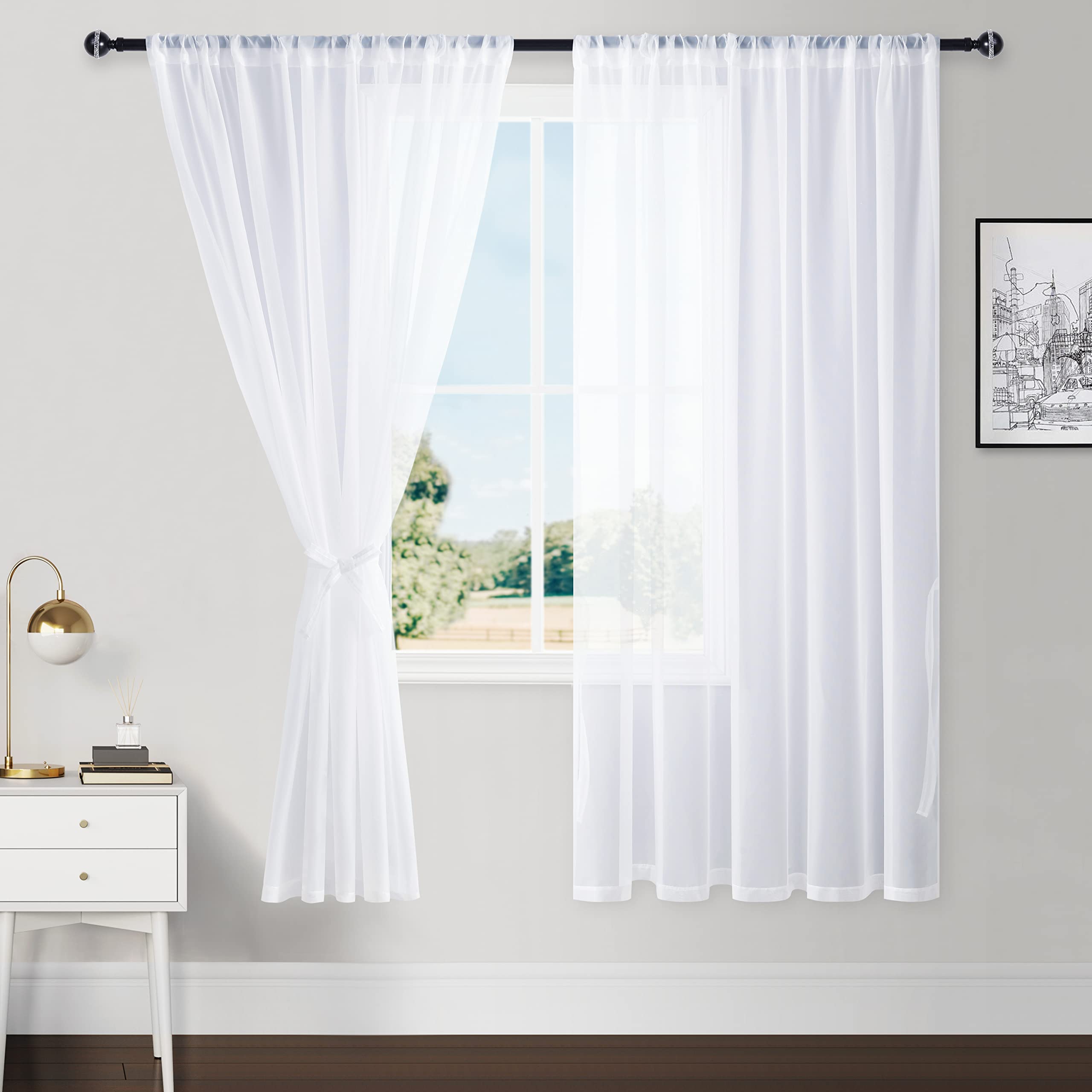 Hiasan White Sheer Curtains 63 Inch Length With Tiebacks, Rod Pocket Light Filtering Extra Wide Voile Drapes Window Curtains For