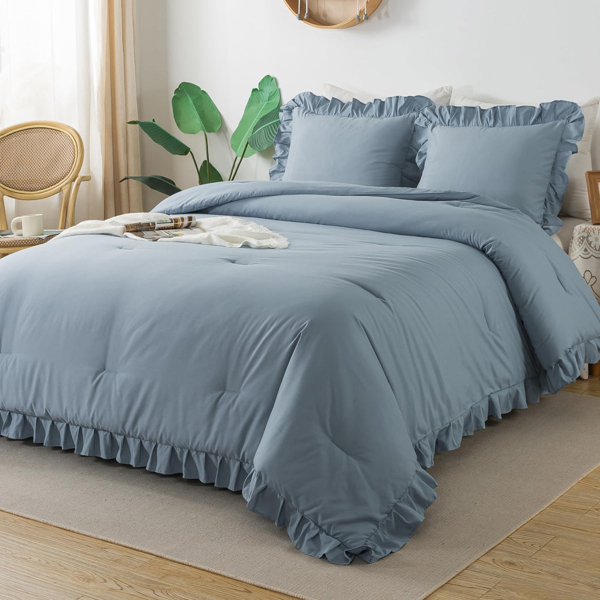 Andency California King Comforter Sets Grayish Blue (104X96Inch), 3 Pieces Cal King Ruffle Comforter, Oversized Farmhouse Shabby