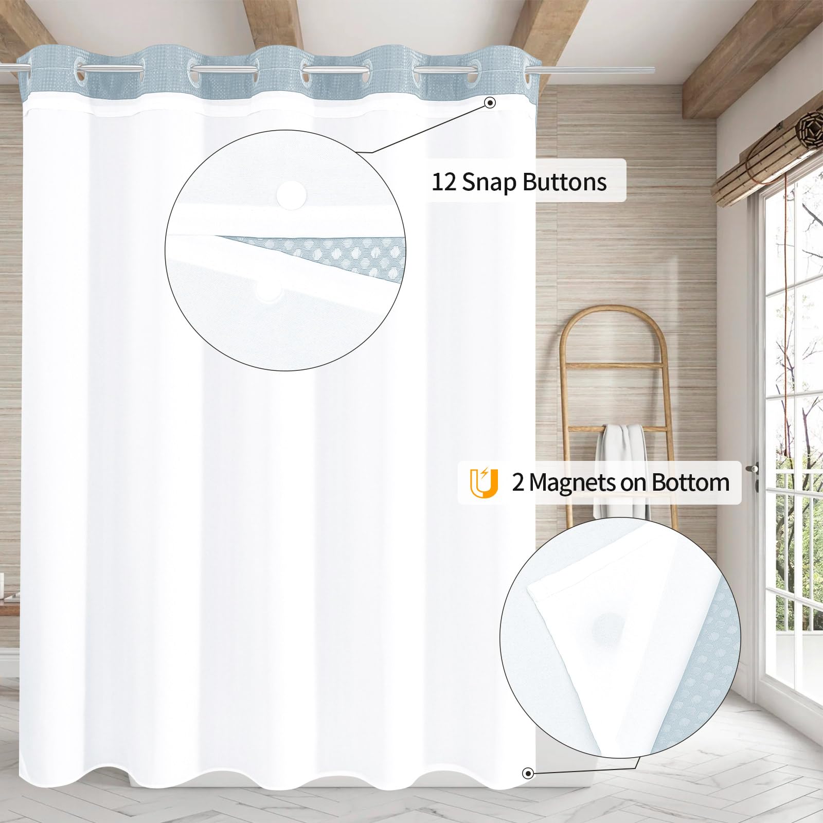 Mitovilla No Hooks Needed Extra Long Shower Curtain Set With Snap-In Liner, Blue 86 Inch Xl Heavyweight Waffle Fabric Cloth Show
