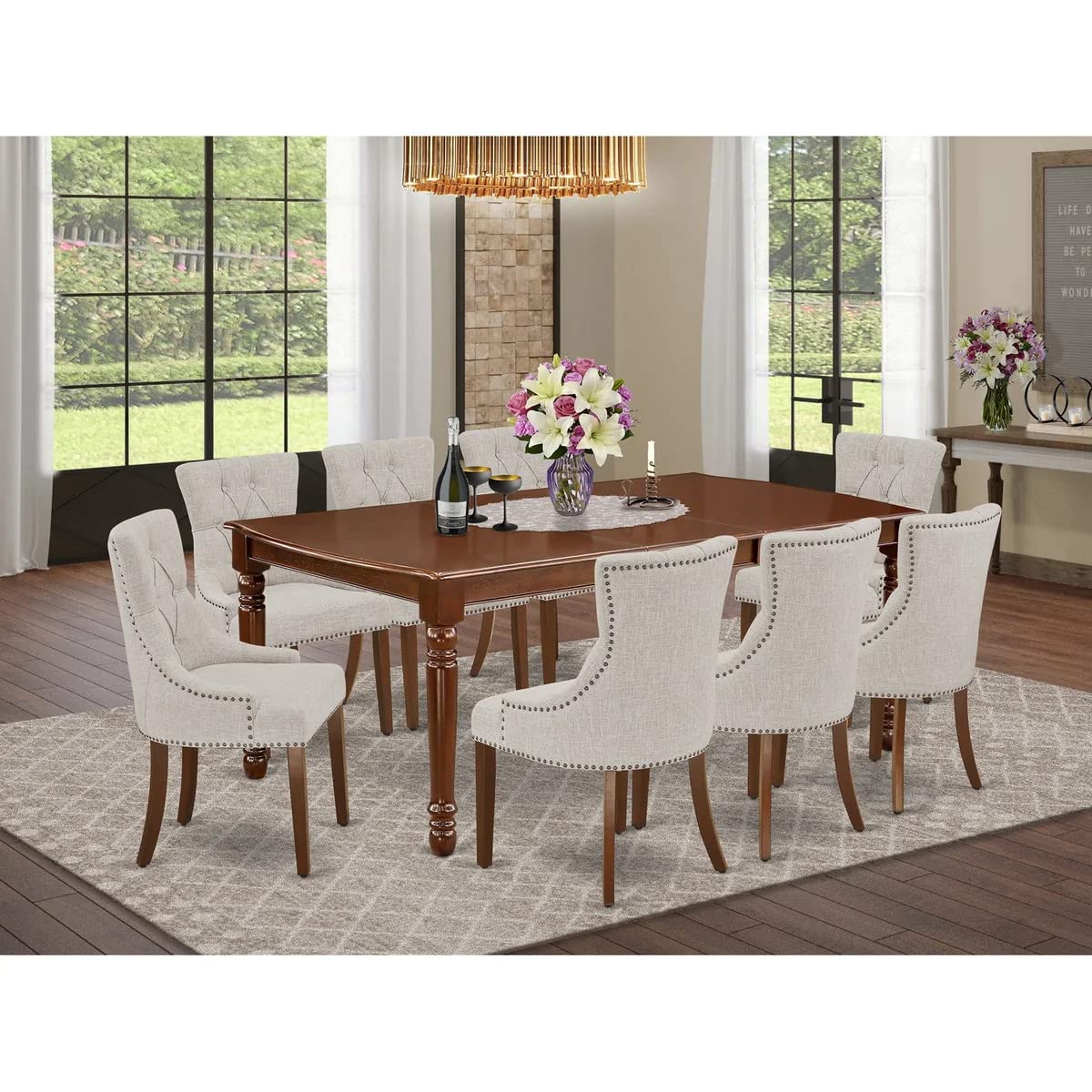 East West Furniture Dofr9-Mah-05 9 Piece Dining Room Table Set Includes A Rectangle Kitchen Table With Butterfly Leaf And 8 Doeskin Linen Fabric Parson Dining Chairs, 42X78 Inch, Mahogany
