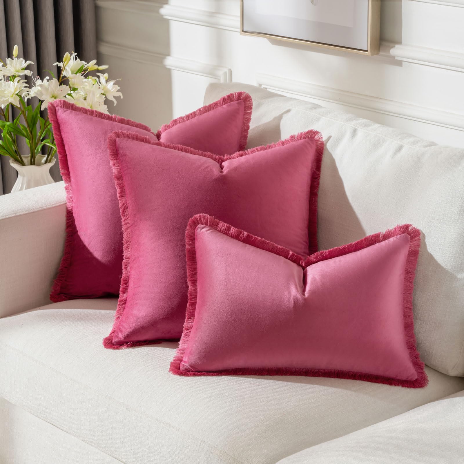 Futei Hot Pink Boho Throw Pillow Covers With Tassels 12X20 Inch Set Of 2,Soft Velvet Lumbar Pillow Cases,Home Decor For Couch Li